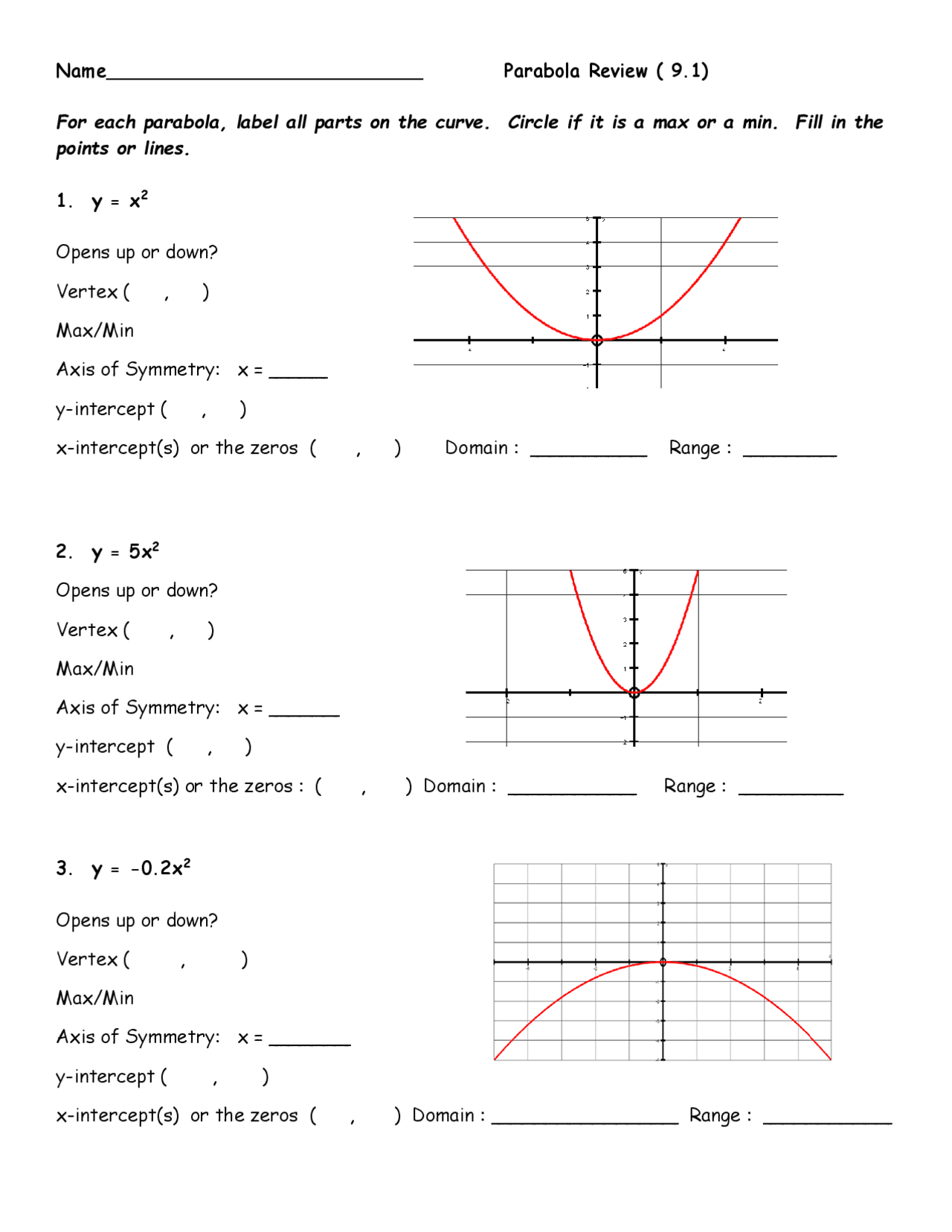 Parts of a Parabola worksheet extra practice.pdf Lecture notes PreCalculus Docsity
