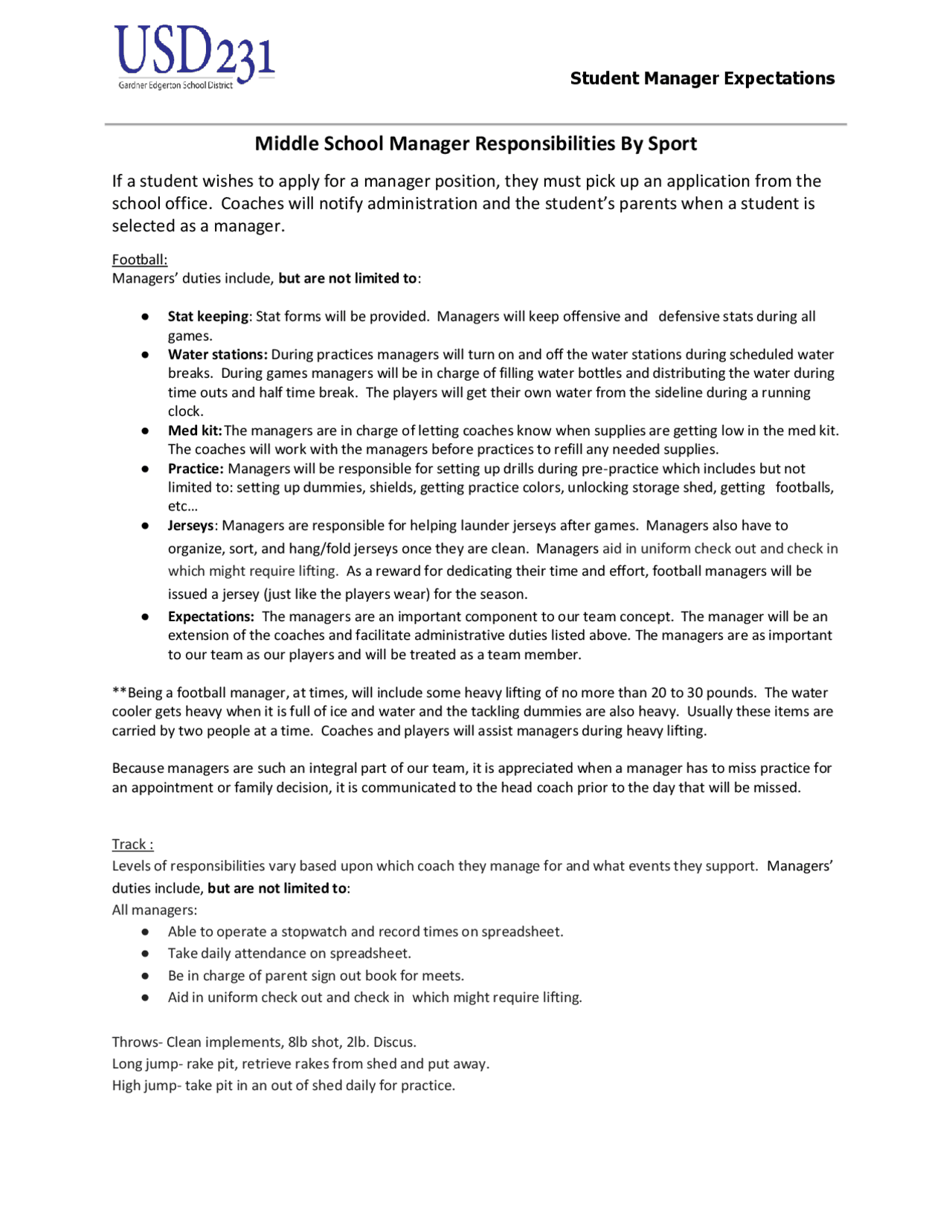 Middle School Manager Responsibilities By Sport Exercises Accounting Docsity
