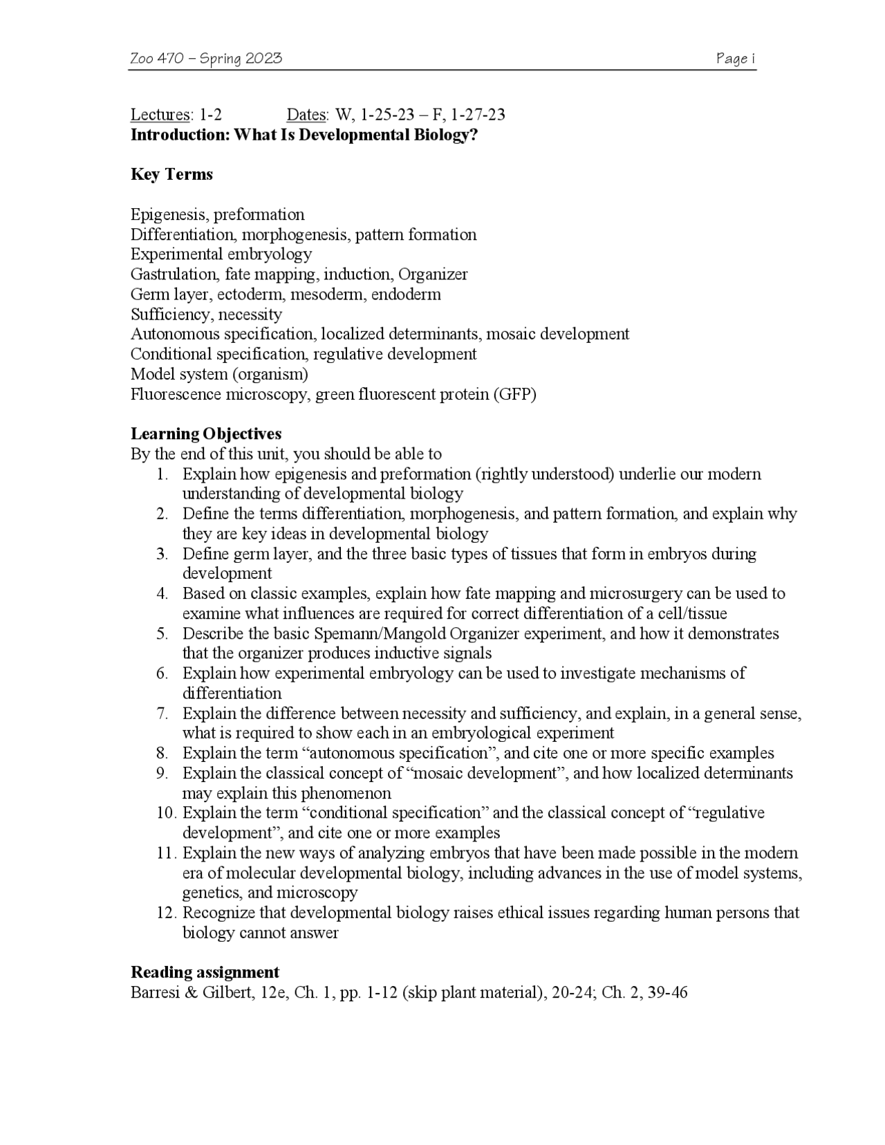 Lec 1 learning objectives zoo 470 Study Guides, Projects, Research