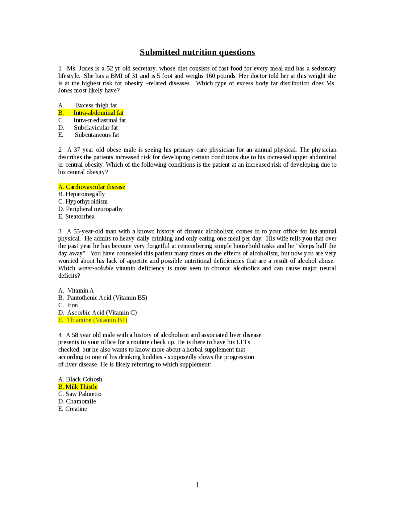 BIO 310 Submitted nutrition questions and answers | Exams Biology | Docsity