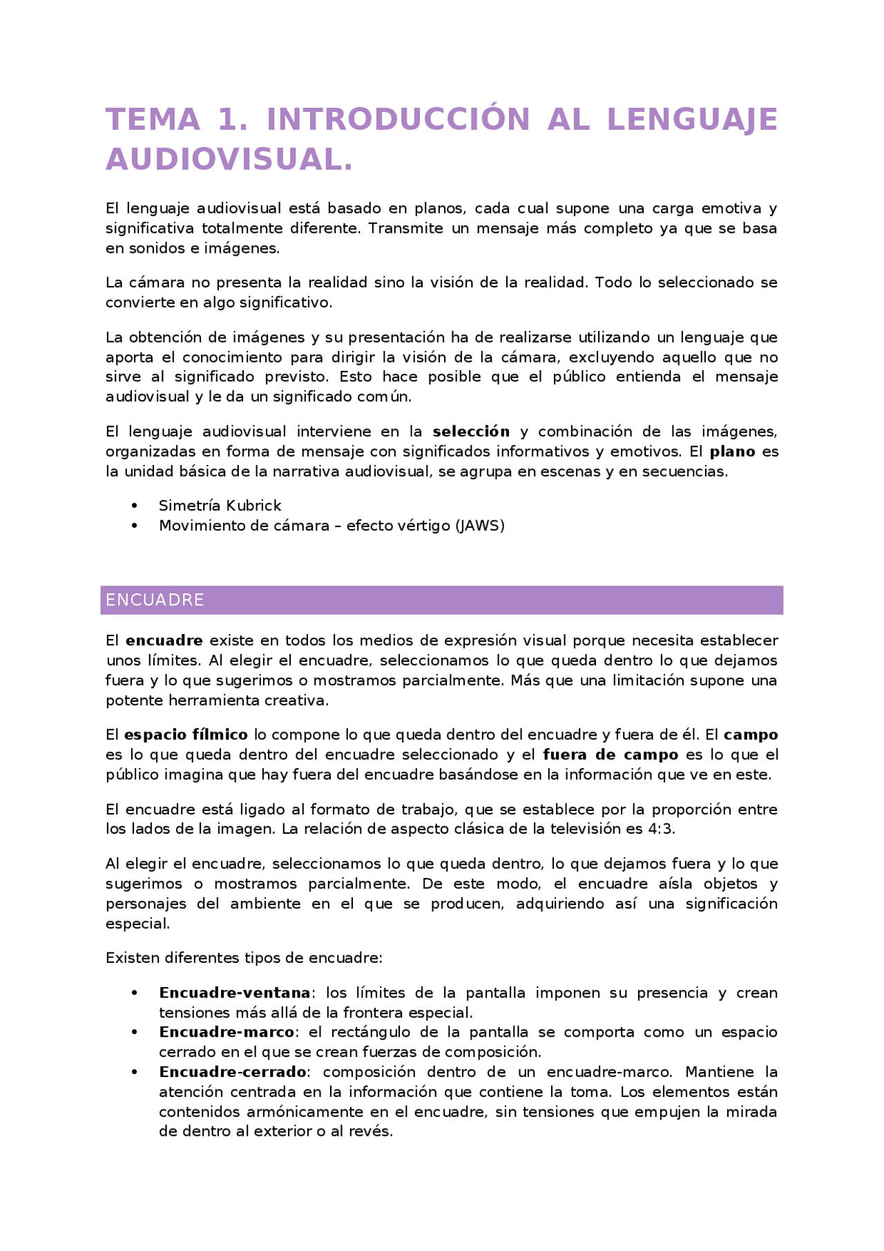Teoría de planos audiovisuales | Apuntes de Lenguaje Audiovisual | Docsity