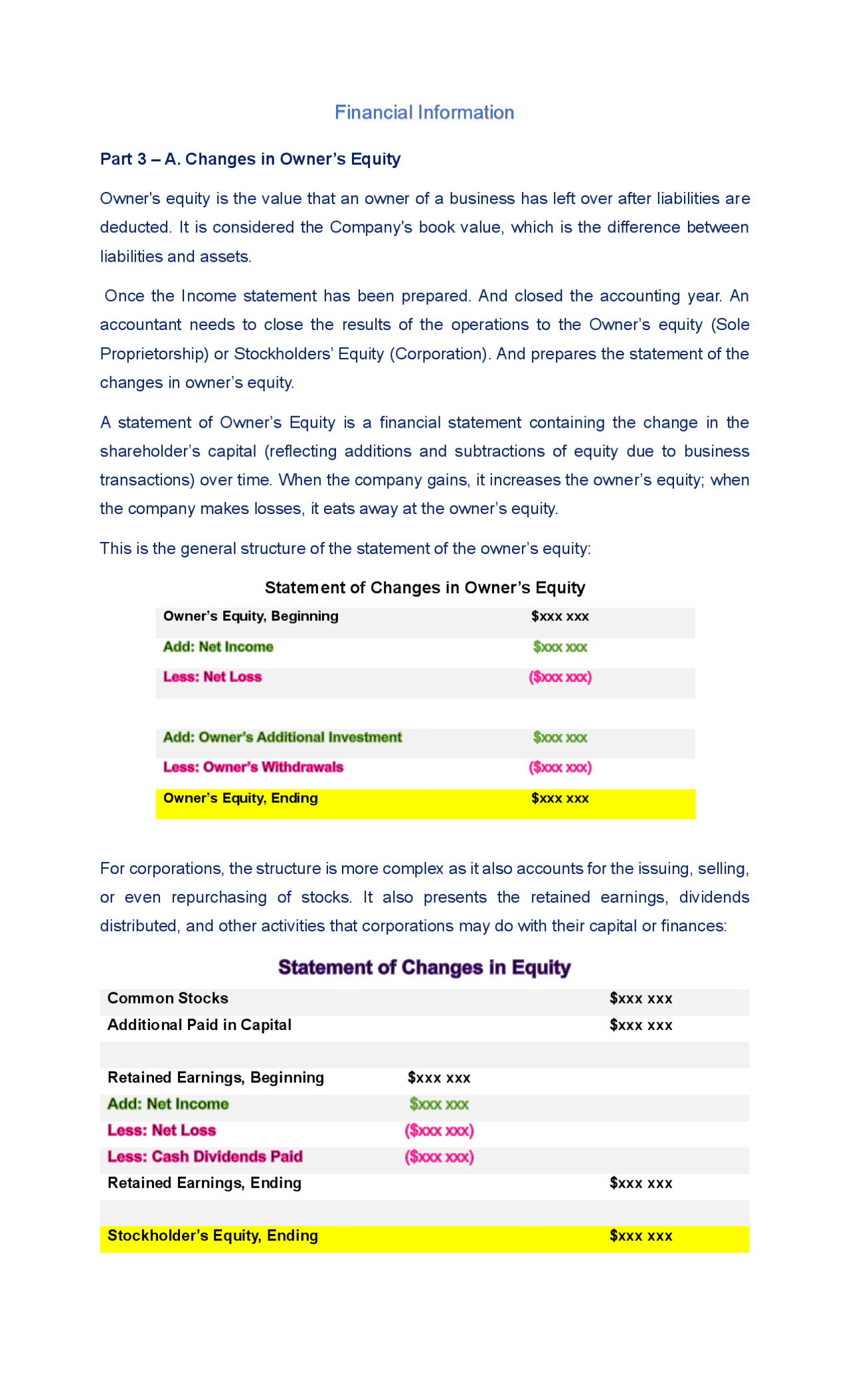 OWNER'S EQUITY IN FINANCIAL INFORMATION | Summaries Accounting | Docsity
