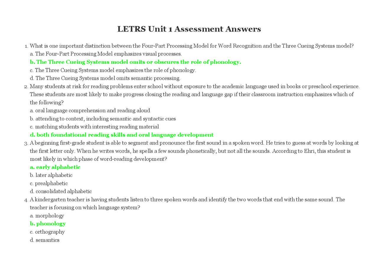 LETRS Unit 1 Assessment Quiz Correct Answers | Exams Vocational