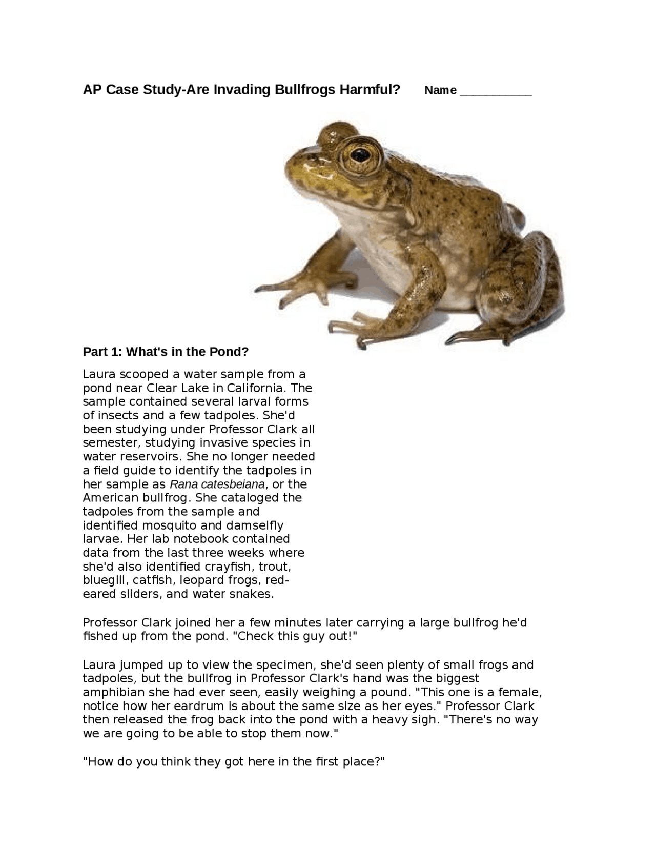 Bio bullfrog case study | Assignments Biology | Docsity
