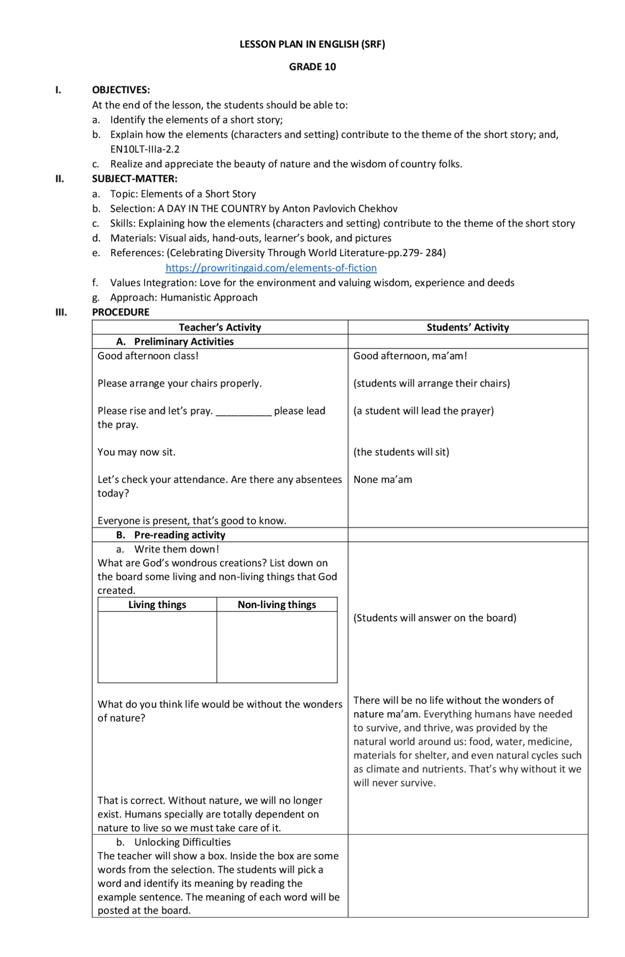 SRF Lesson Plan for Grade 10 | Lecture notes English | Docsity