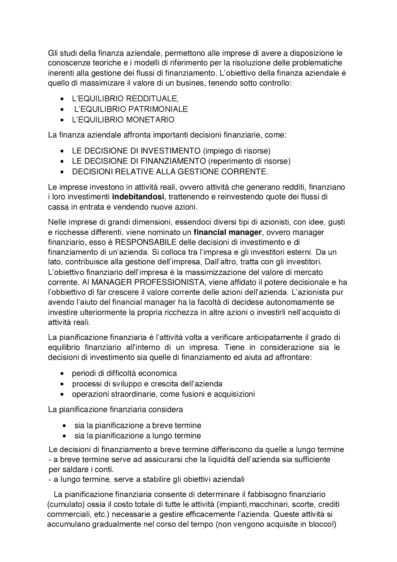 riassunto finanza aziendale | Appunti di Finanza Aziendale | Docsity