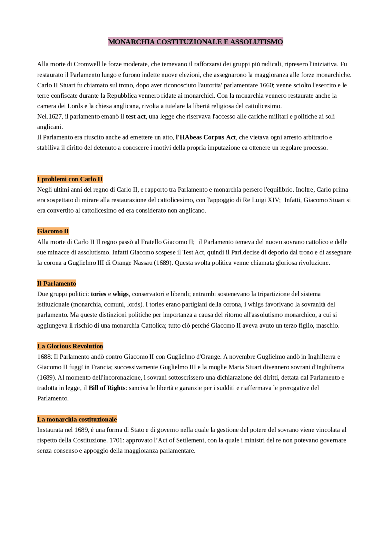 Monarchia costituzionale e assolutismo Appunti di Storia Docsity