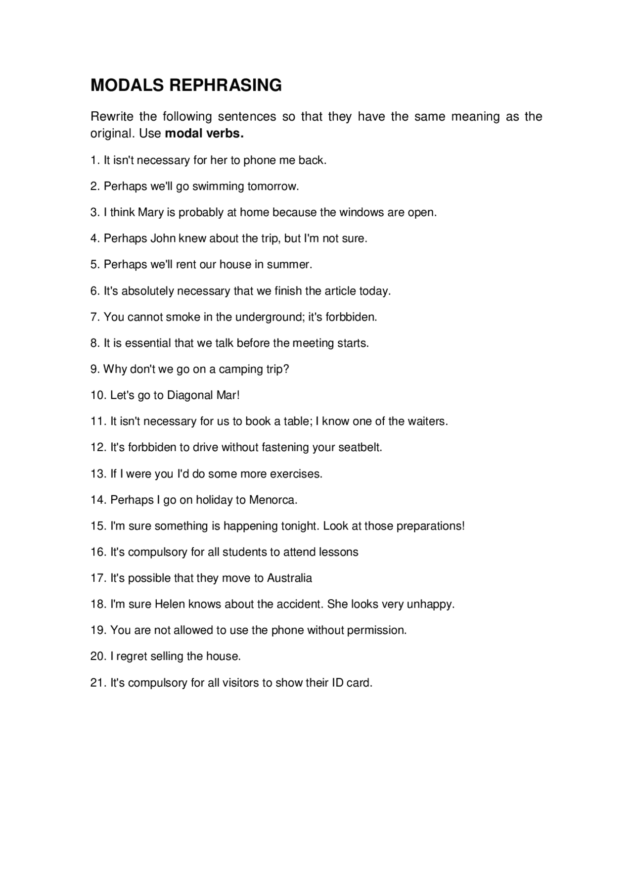 Modals Rephrasing 1 Y 2 BACHILLERATO | Ejercicios de Inglés | Docsity