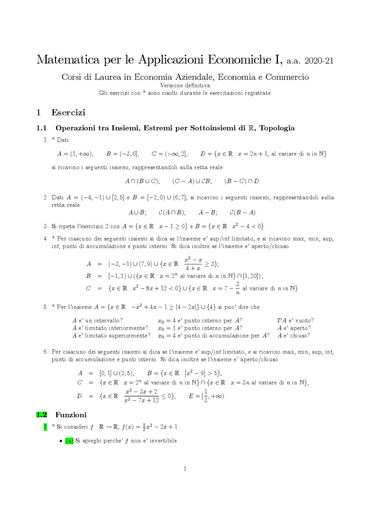 ESERCIZI Matematica per le applicazioni economiche. | Esercizi di ...