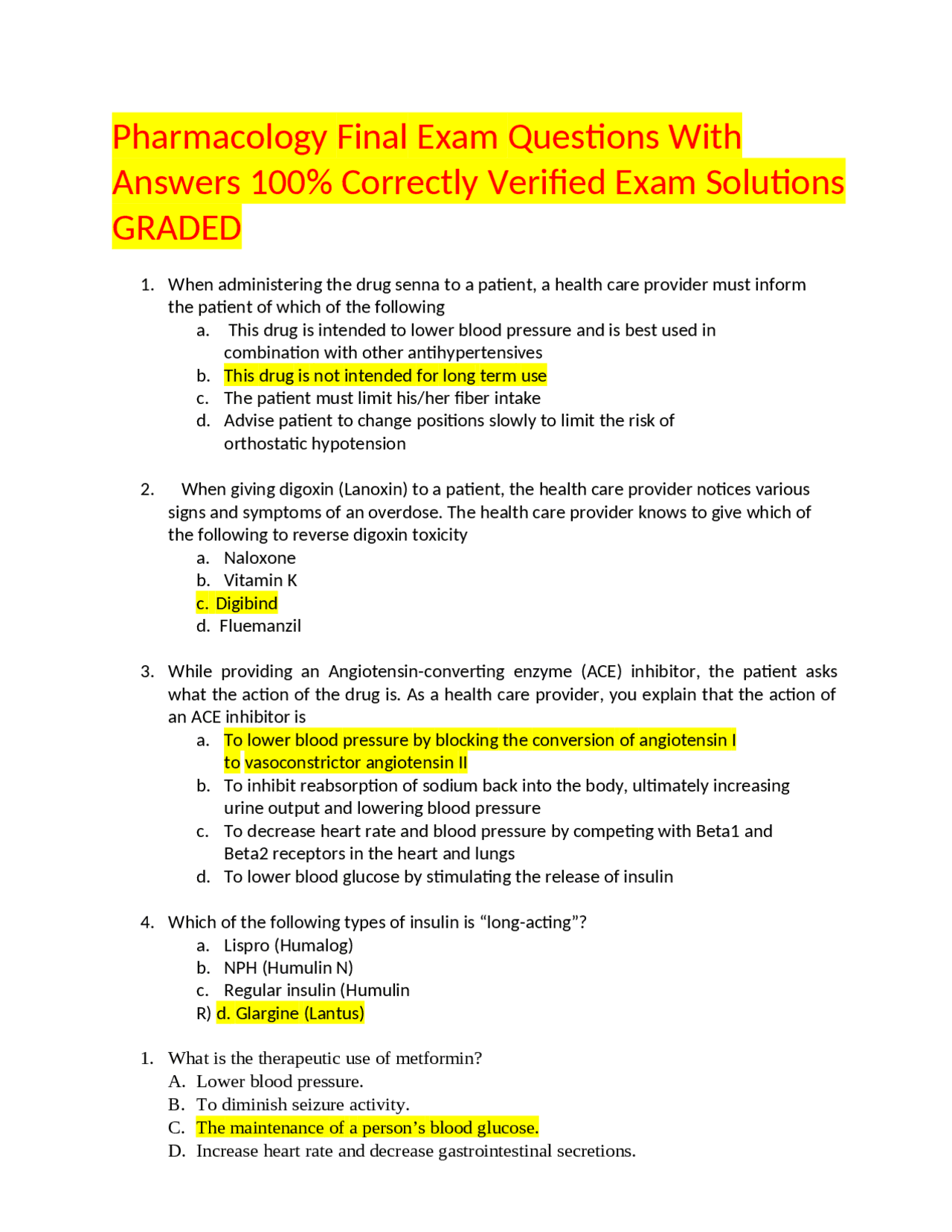 Pharmacology Final Exam Questions With Answers 100% Correctly Verified ...