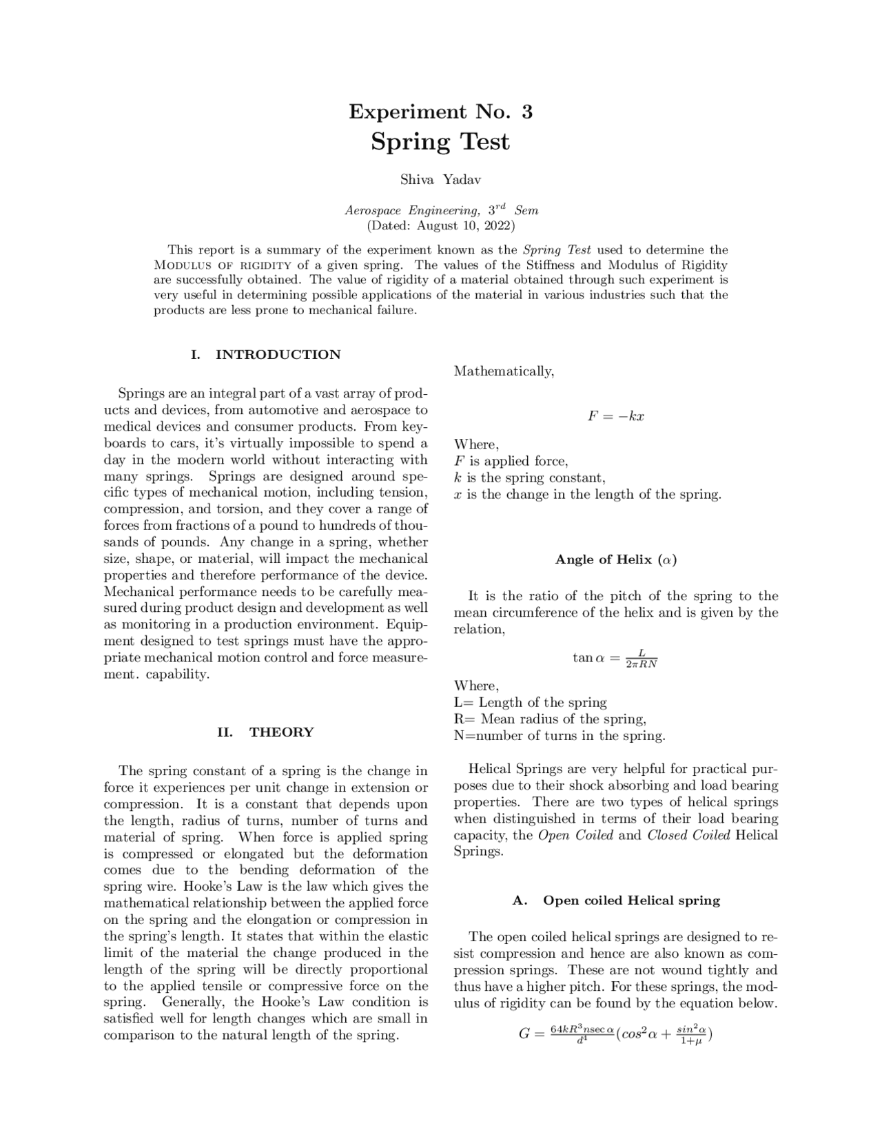 Spring test lab report | Lab Reports Advanced Machining Processes | Docsity
