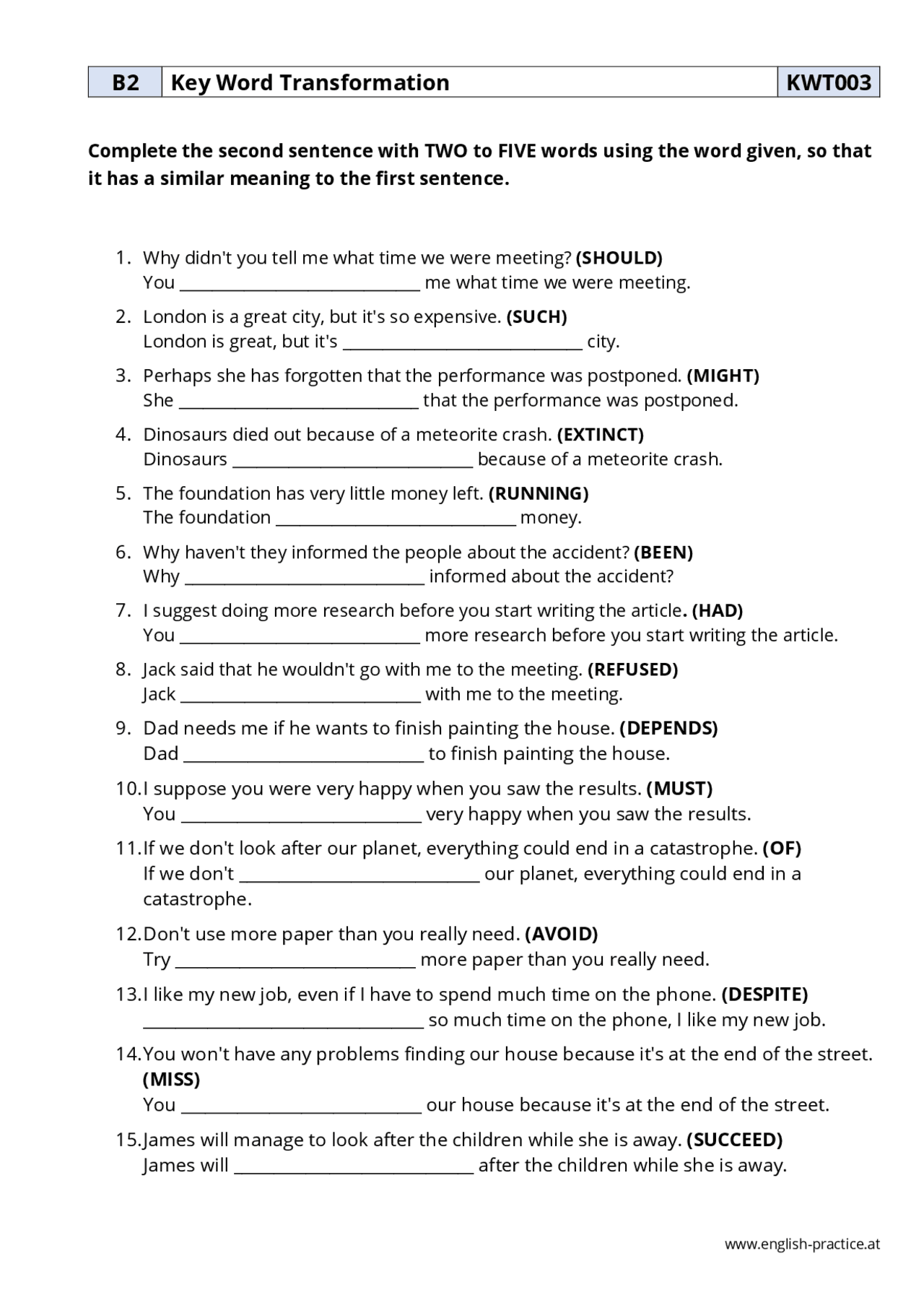 Key Word Transformation KWT008 | Ejercicios de Inglés | Docsity