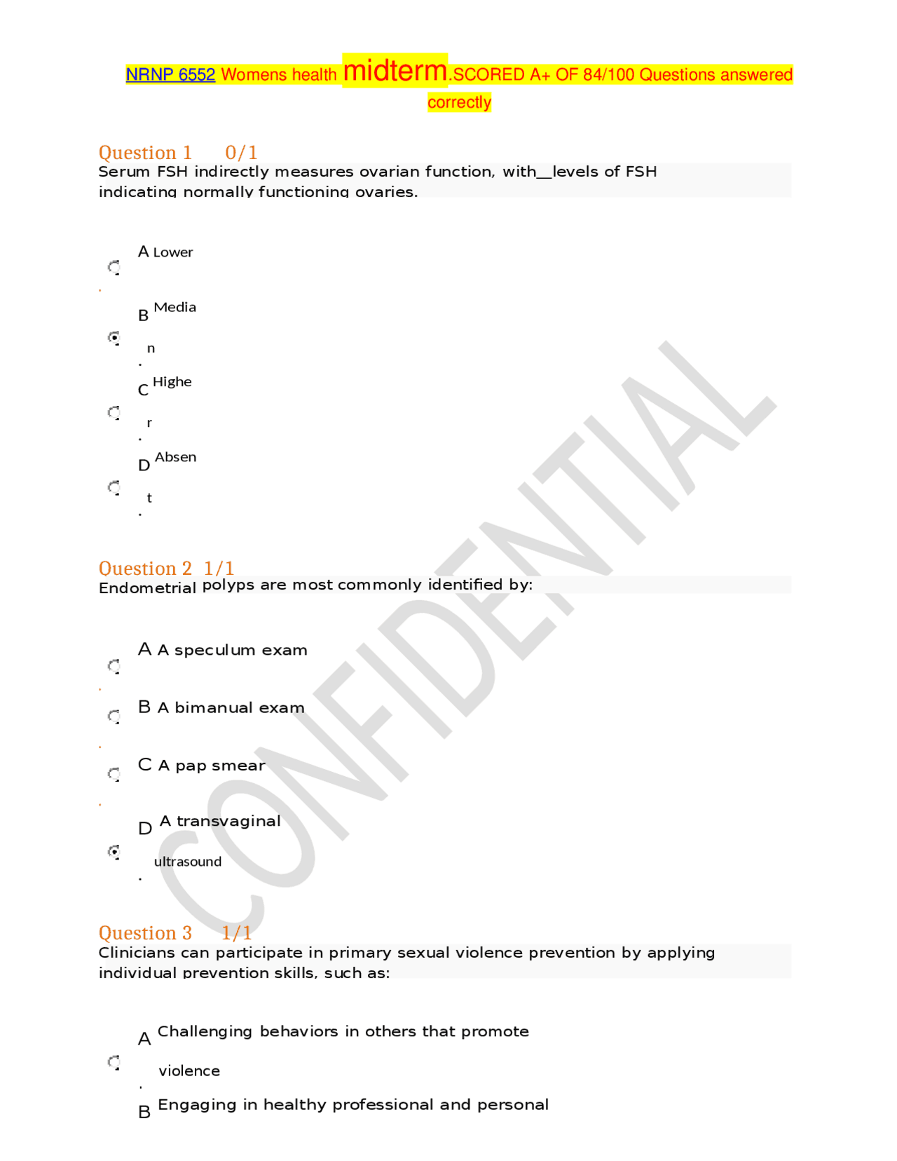 NRNP 6552 Womens health midterm.SCORED A+ OF 84/100 Questions answered