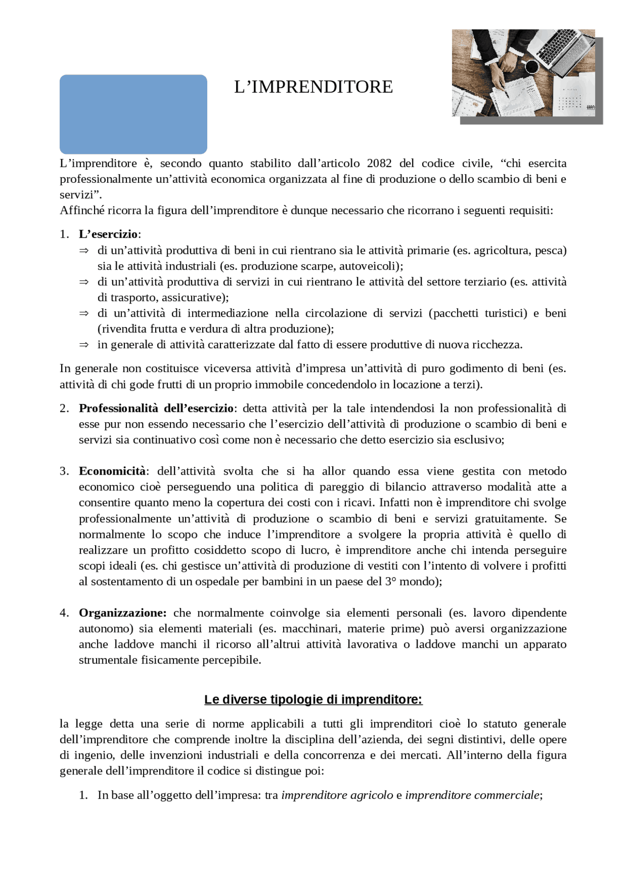 L'imprenditore nelle aziende Appunti di Diritto Docsity