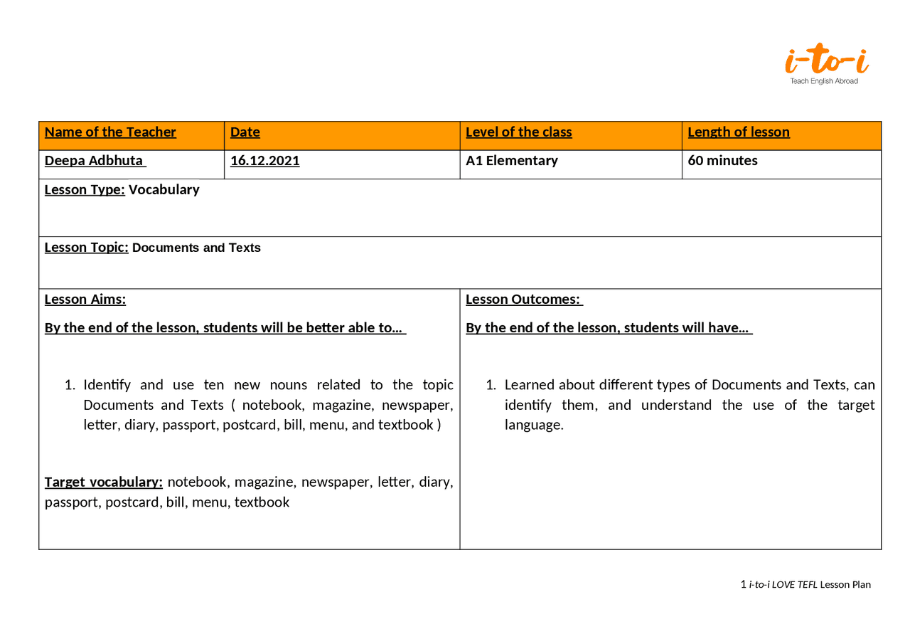 Tefl Lessons 420 hr i to i TEFL lesson plan - assignment 1 (Vocabulary ...