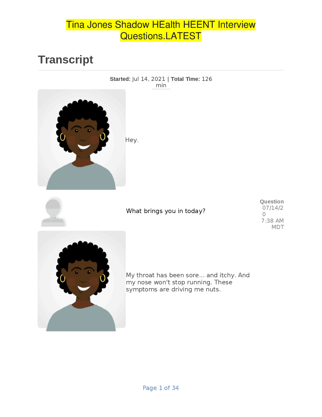 Tina Jones Shadow HEalth HEENT Interview Questions.LATEST | Exams Public Health | Docsity