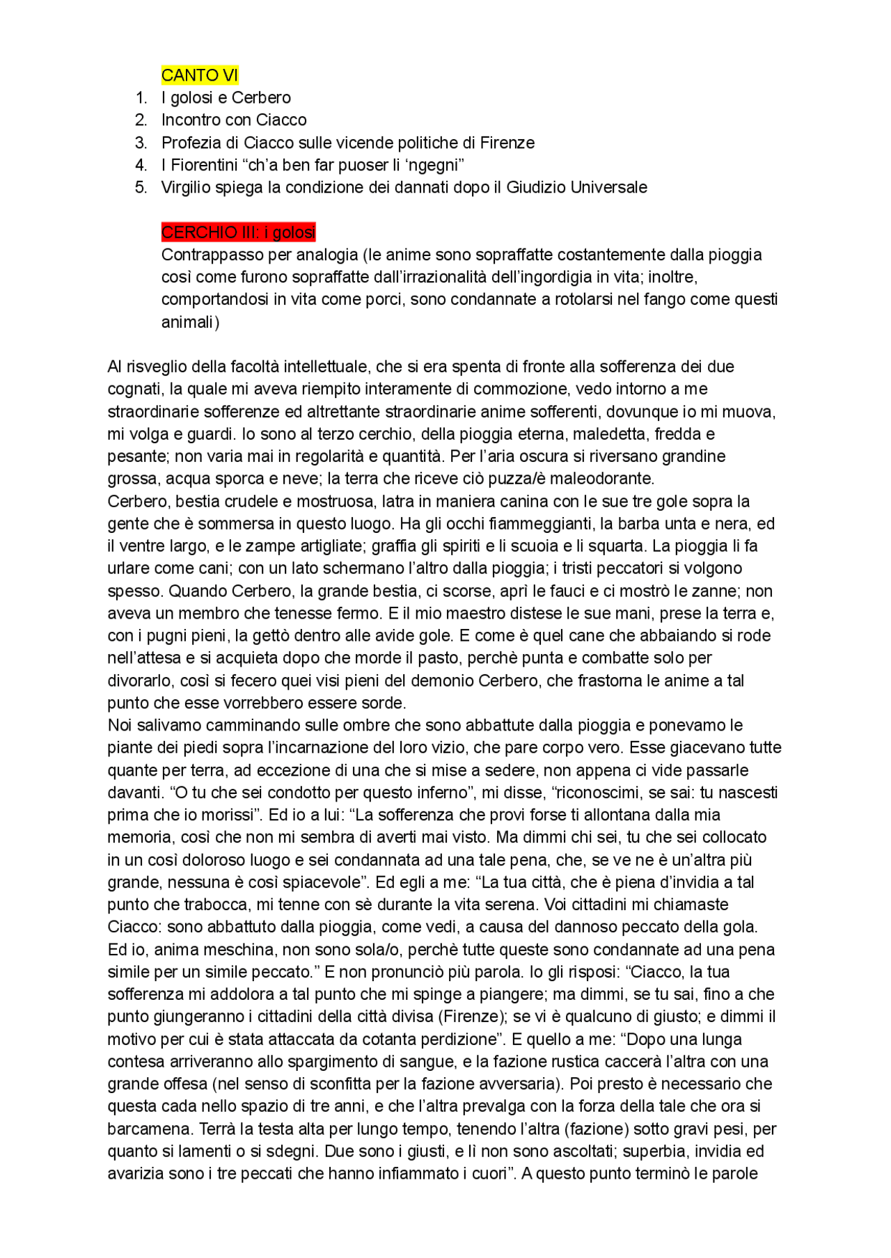 Parafrasi canto X Inferno + parafrasi canto VI Inferno + sintesi canti