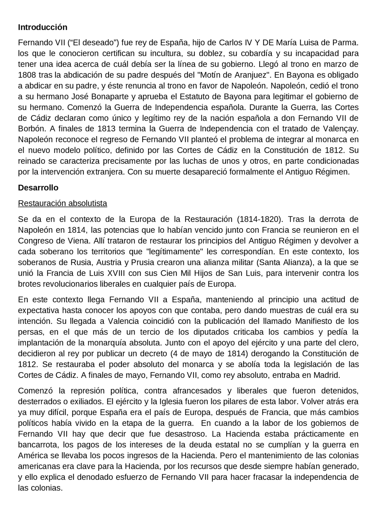 fernando vii, rey absoluto | Resúmenes de Historia de España | Docsity