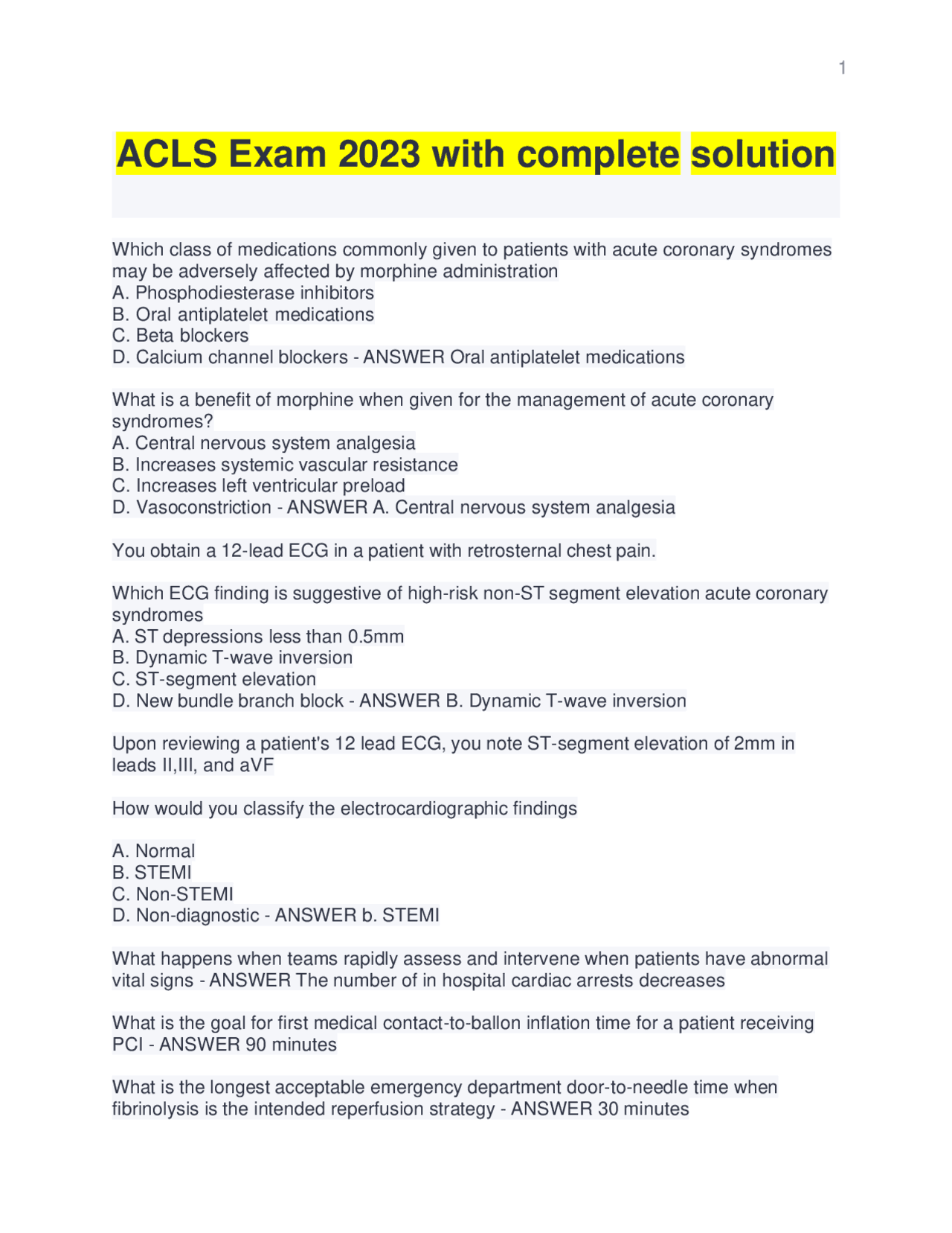Acls_exam_2023_with_complete_solution | Exams Nursing | Docsity