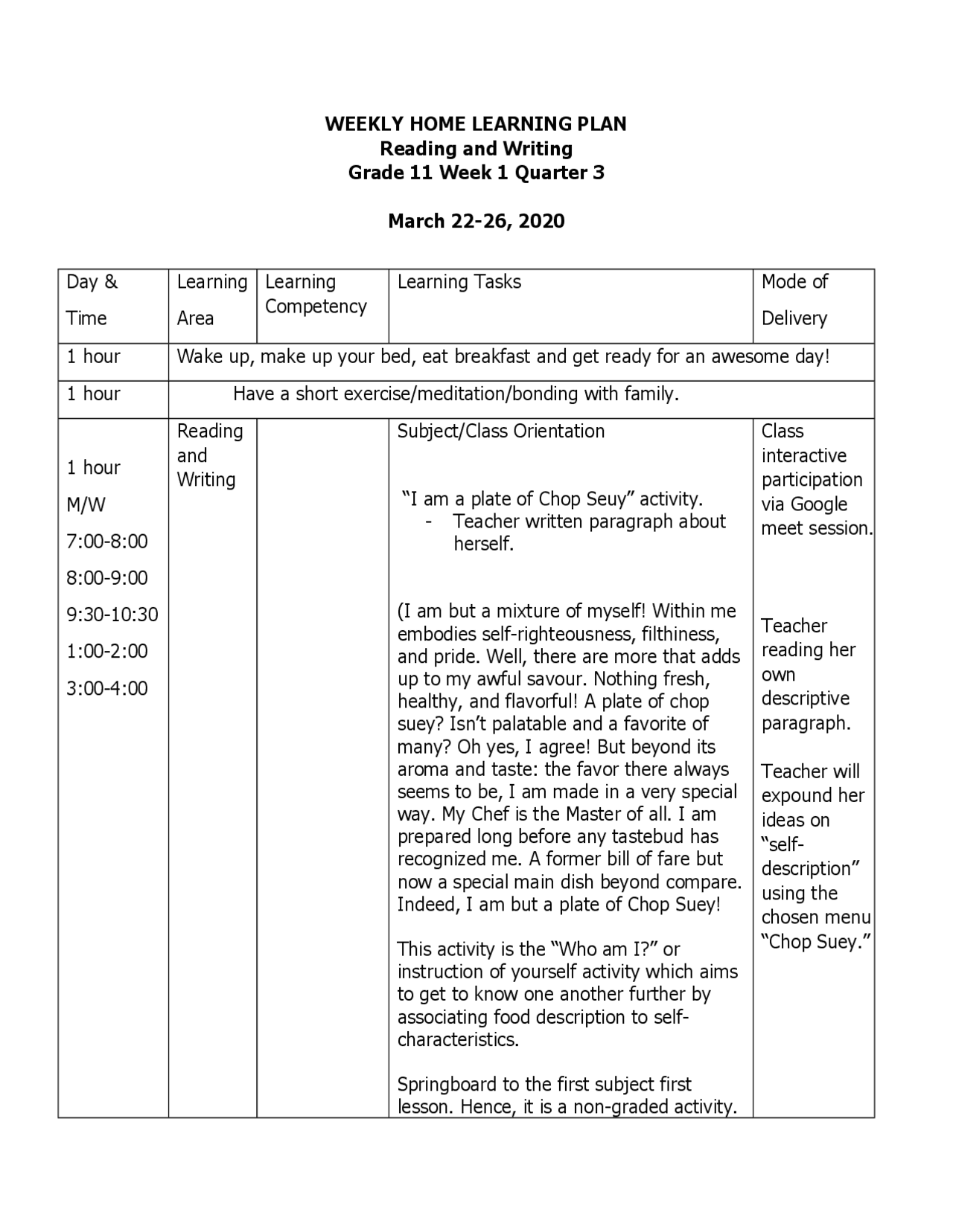 Weekly Home Learning Plan serves as a guide for a particular week ...