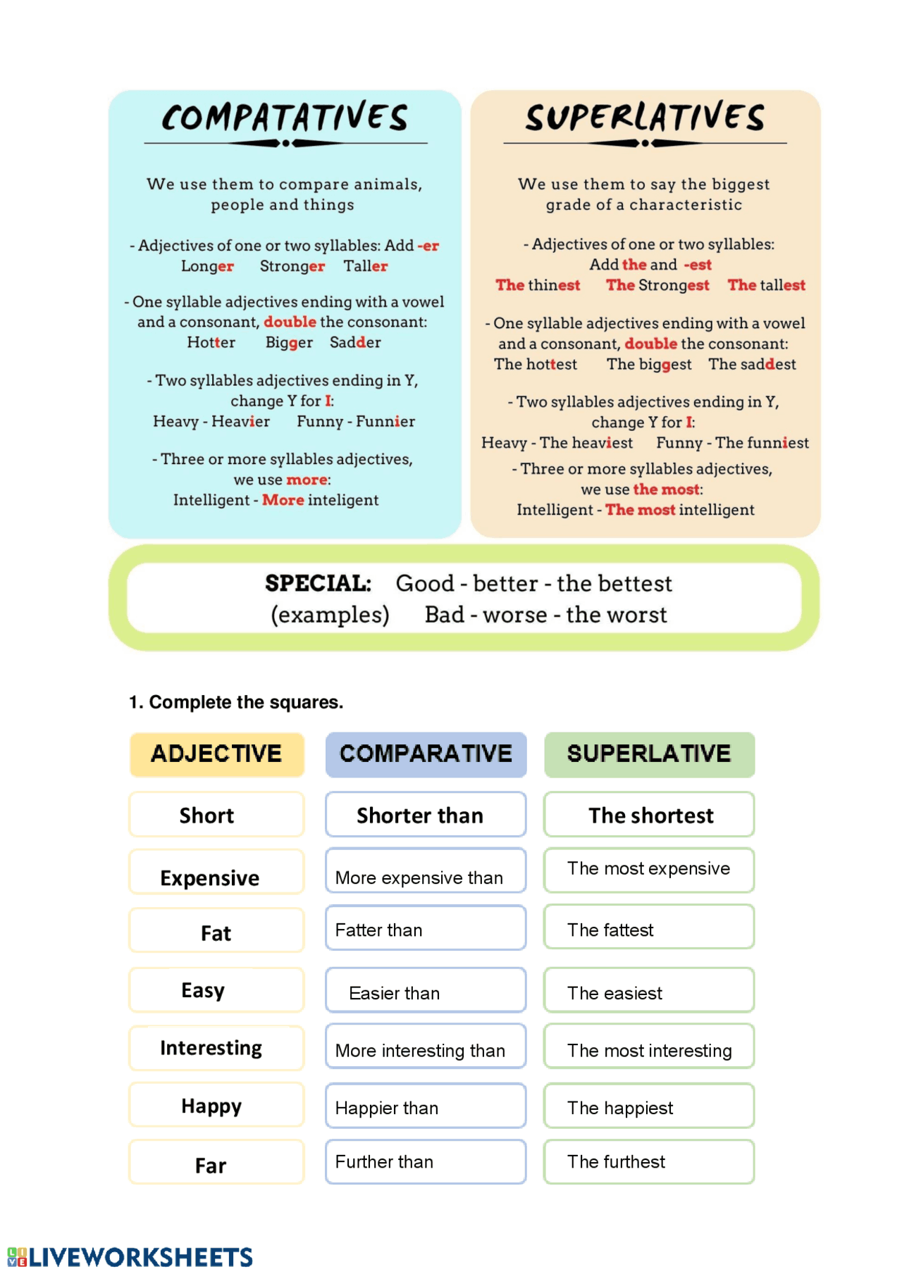 Comparative Superlative Adjectives Ejercicios de Inglés Docsity