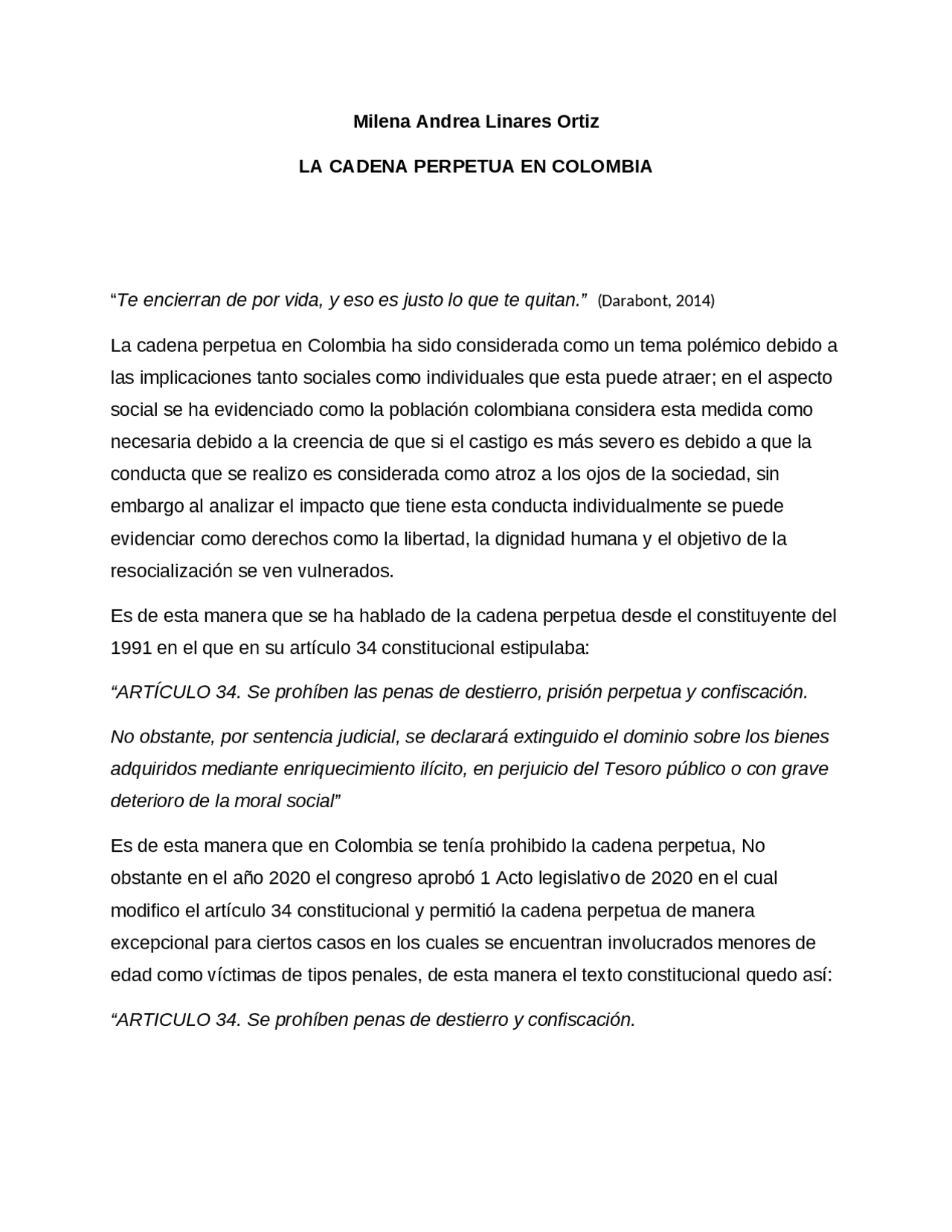 Ensayo sobre la cadena perpetua en Colombia Resúmenes de Derecho