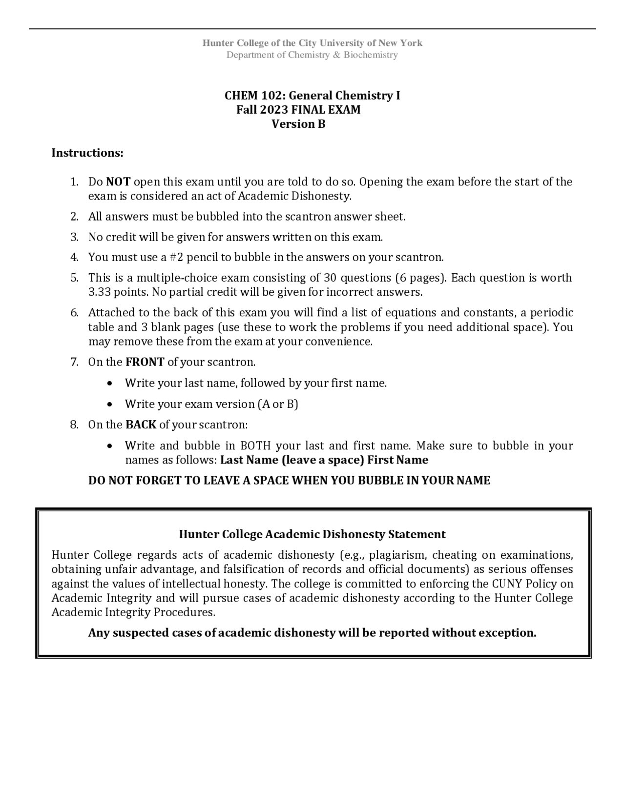 Chem 102 Practice Final Exam Version B Key 2023 Exams Nursing Docsity