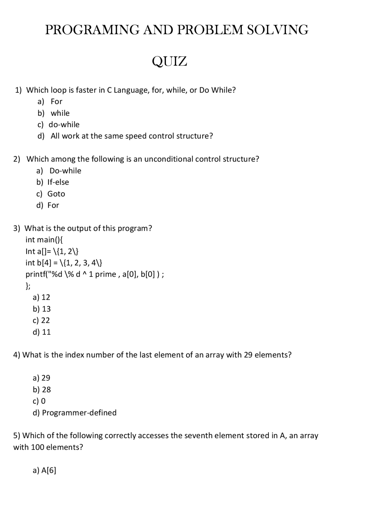 Question on loop in c programming | Quizzes C programming | Docsity