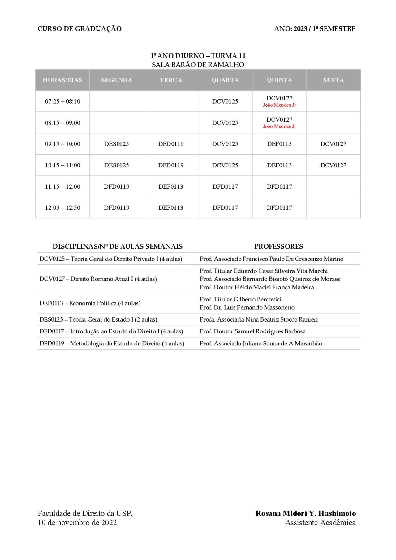 Grade Horária do Curso de Direito da USP Primeiro Ano | Esquemas ...
