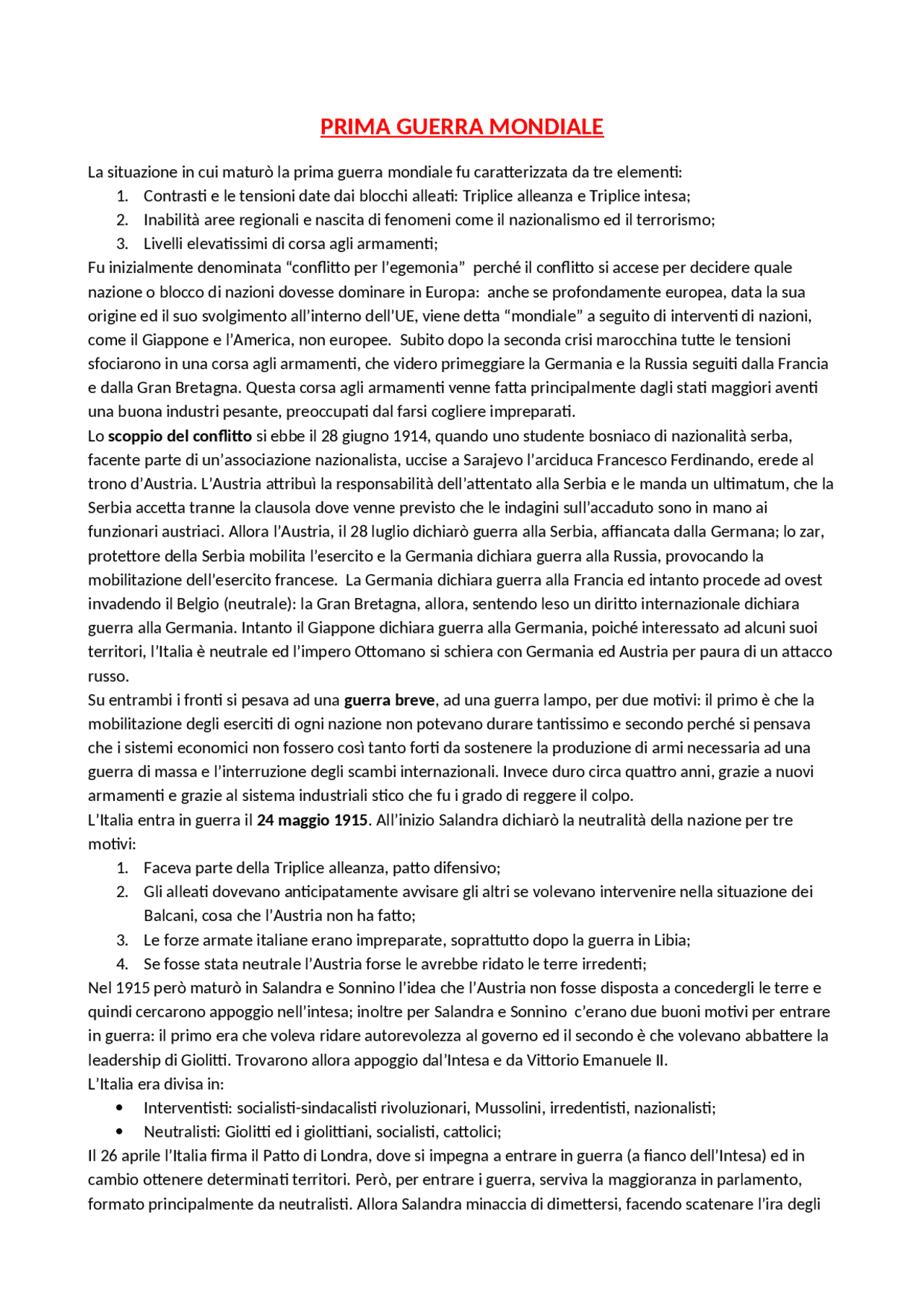 SINTESI PRIMA GUERRA MONDIALE | Schemi e mappe concettuali di Storia ...