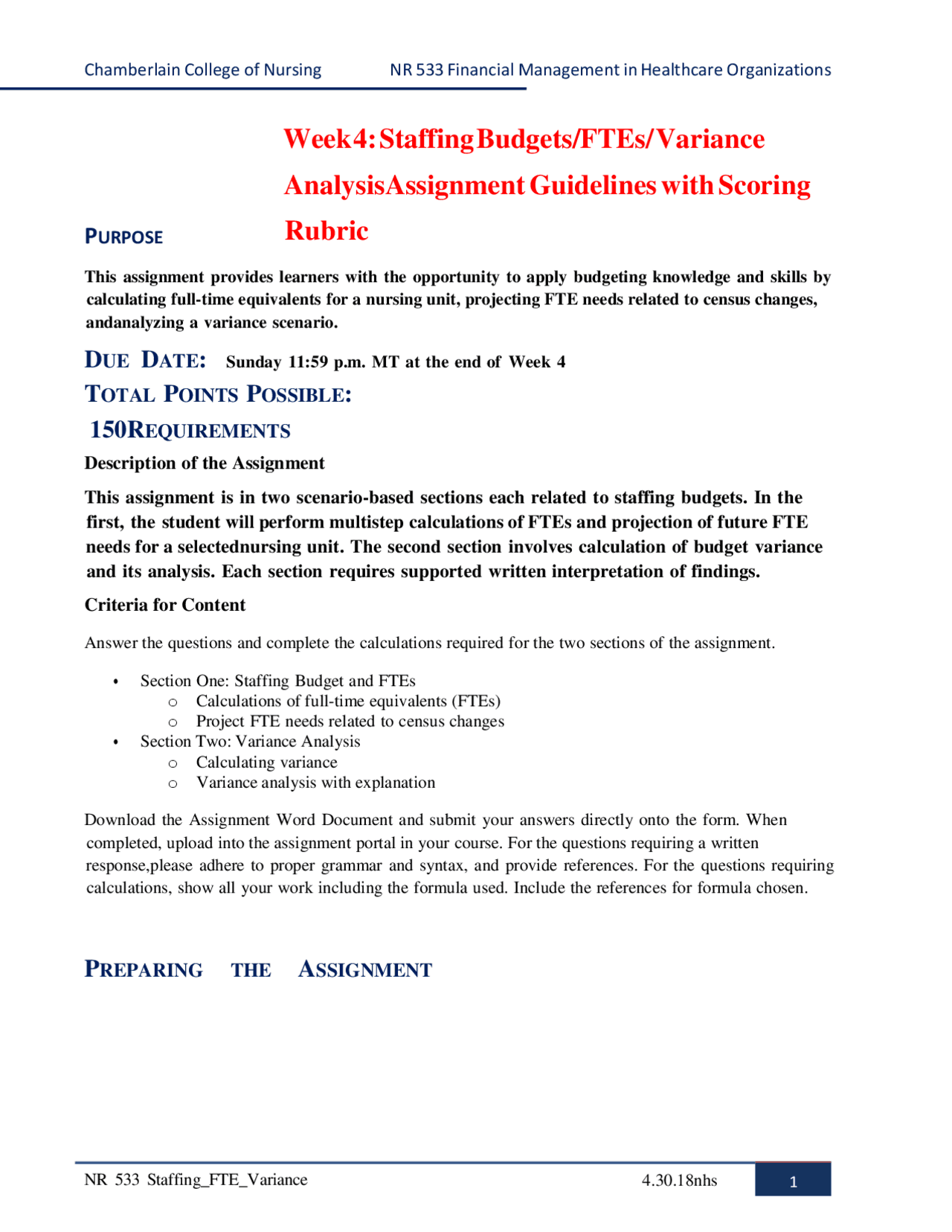 Nr533 Assignment NR533 Week 4 Staffing Assignment Guideline_and_Rubric | Exams Nursing ...