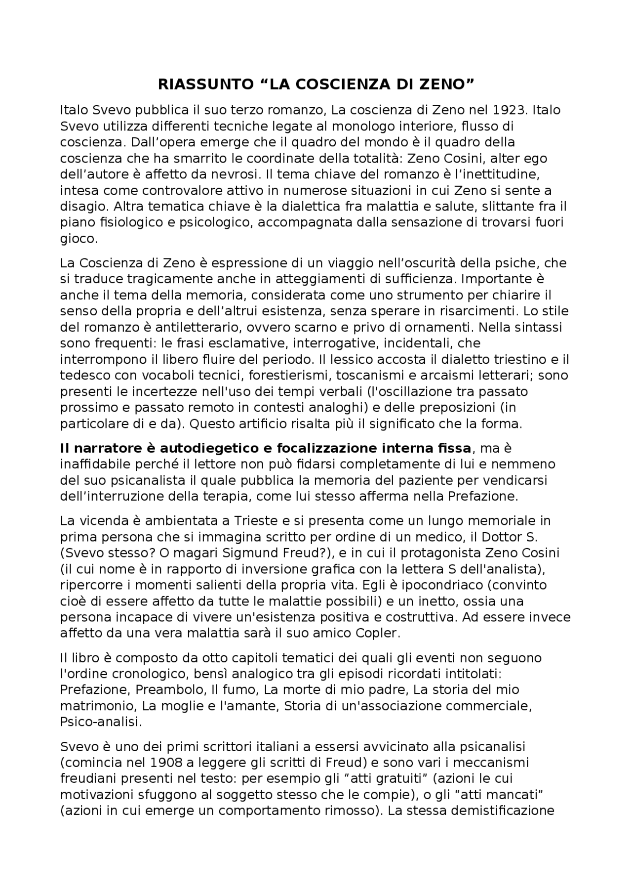 la coscienza di zeno riassunto per capitoli