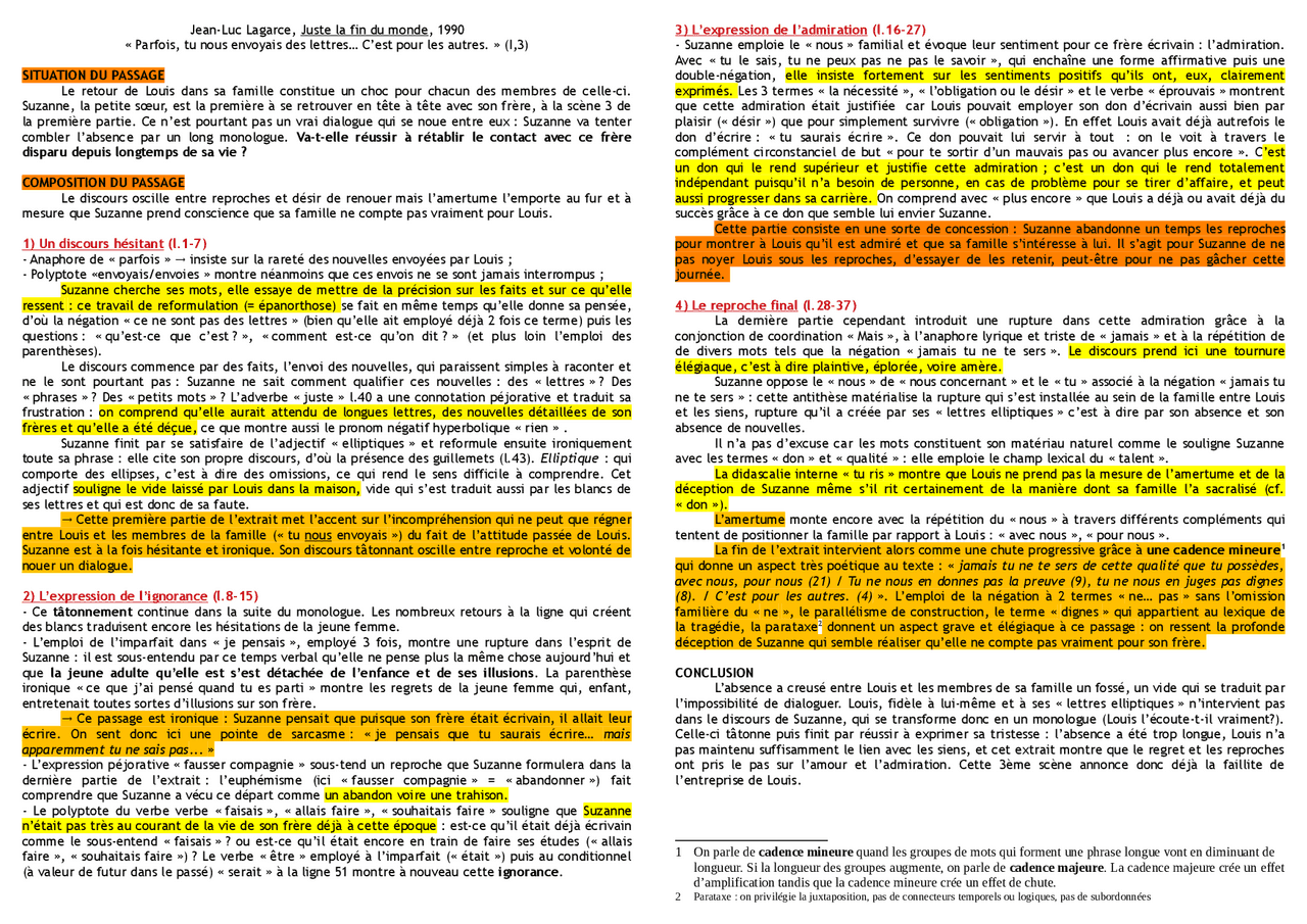 Explication lineaire des lettres elliptique juste la fin du monde