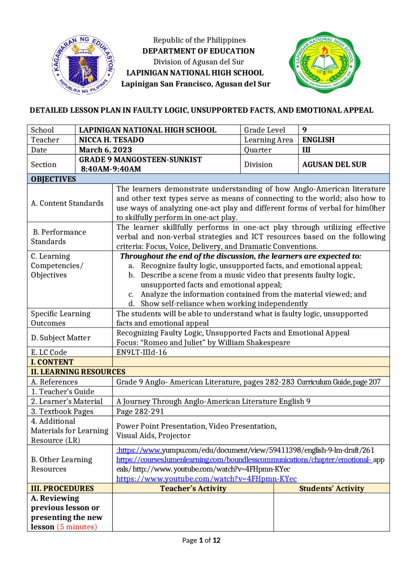 Lesson planning for grade 9 | Summaries Literature | Docsity