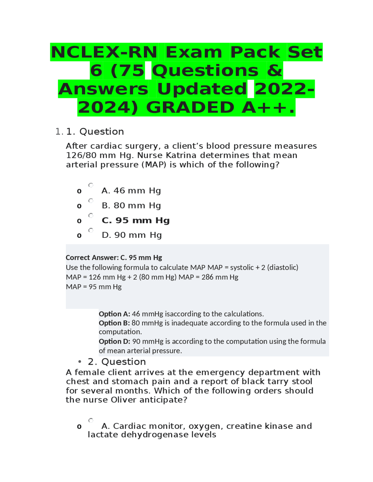 NCLEX-RN Exam Pack Set 6 (75 Questions & Answers Updated 2022-2024 ...
