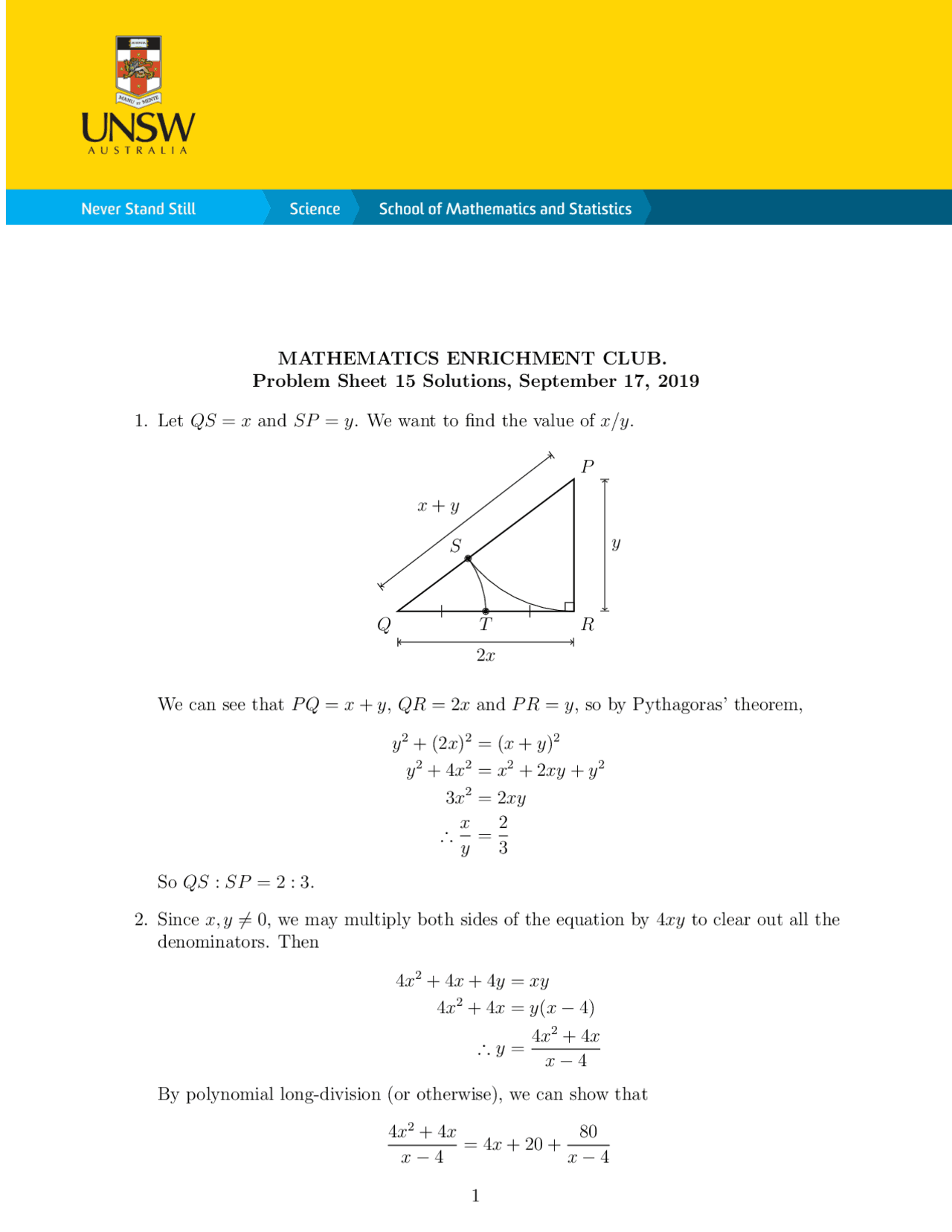 Mathematics Enrichment Club: Problem Sheet 15 Solutions | Exercises ...