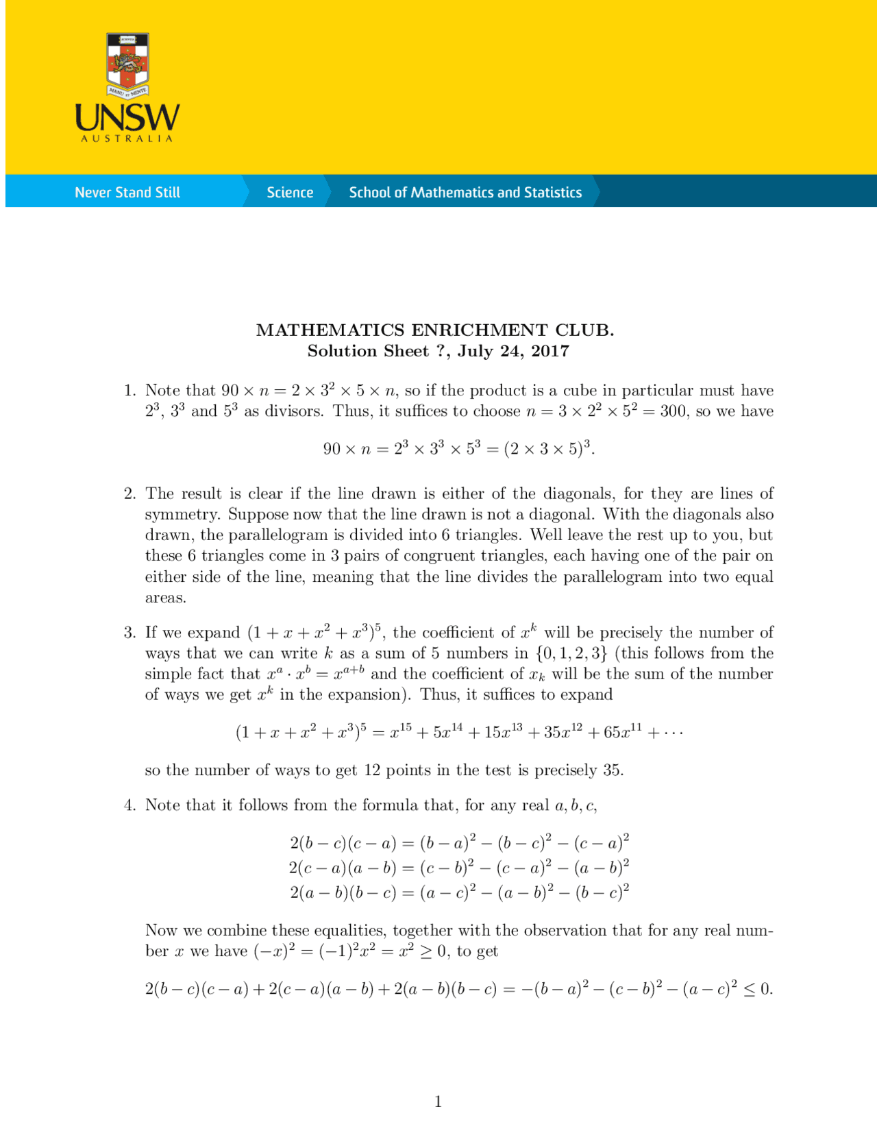 Mathematics Enrichment Club Solution Sheet | Study notes Mathematics ...