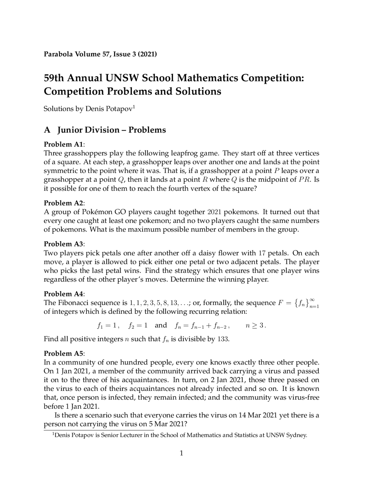 UNSW School Mathematics Competition: Problems and Solutions | Exams ...