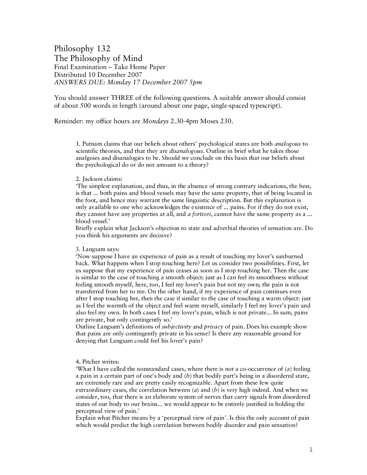 Philosophy of Mind Final Examination | Study notes Philosophy | Docsity