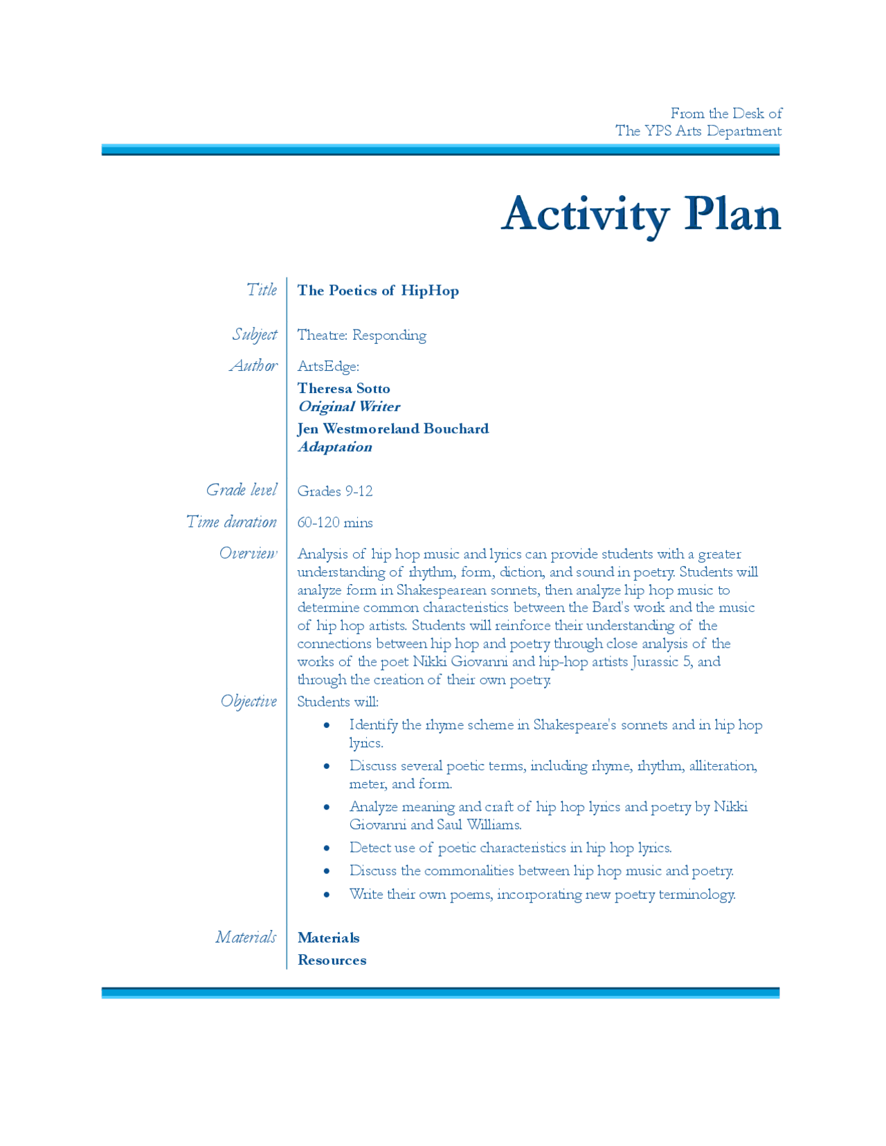 Activity Plan | Study notes Poetry | Docsity