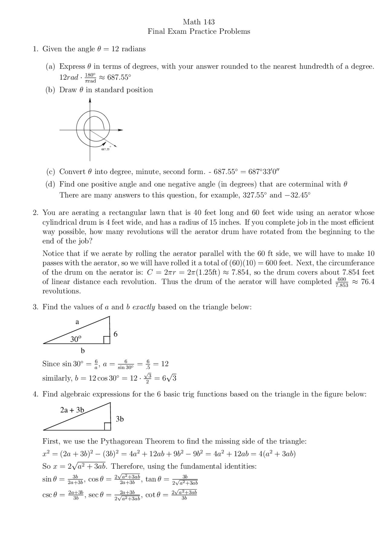 What Is Math 143 Math 143 Final Exam Practice Problems | Slides Pre-Calculus | Docsity
