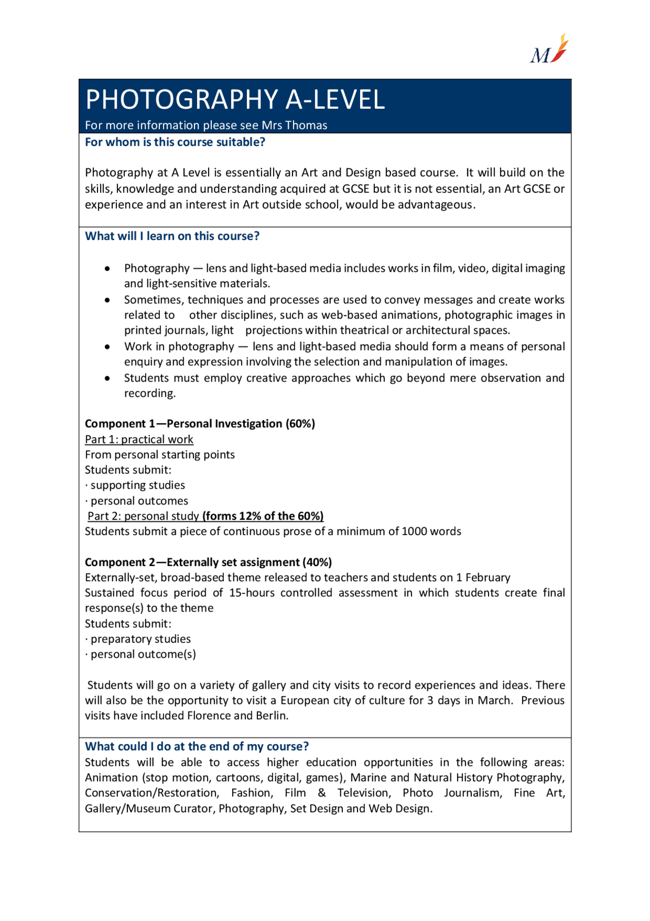 PHOTOGRAPHY A-LEVEL | Lecture notes Photography | Docsity