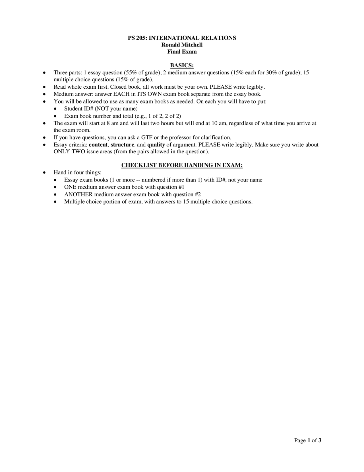 PS 205: International Relations Final Exam | Exercises International ...