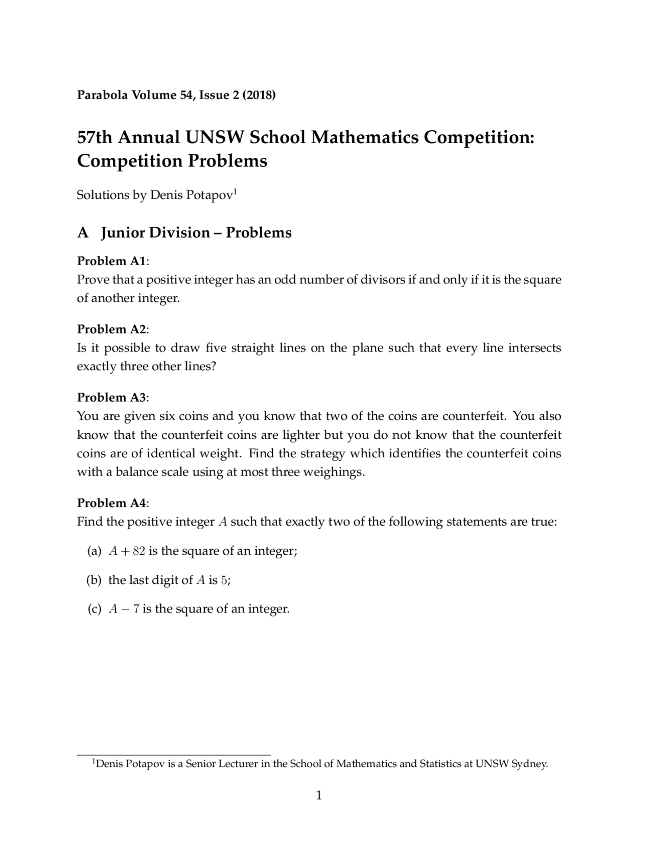 UNSW School Mathematics Competition: Competition Problems Solutions ...