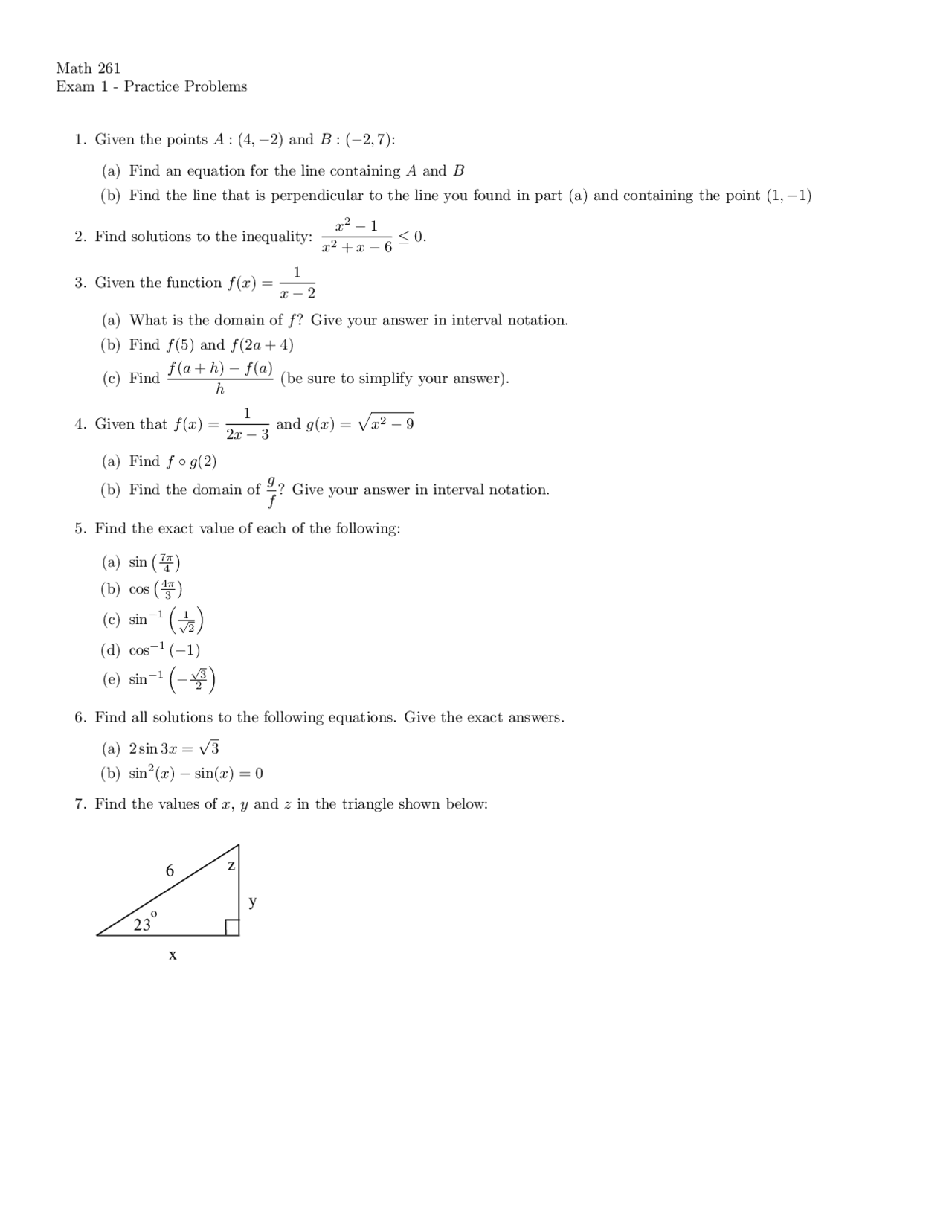 Math 261 Exam 1 - Practice Problems | Exercises Pre-Calculus | Docsity