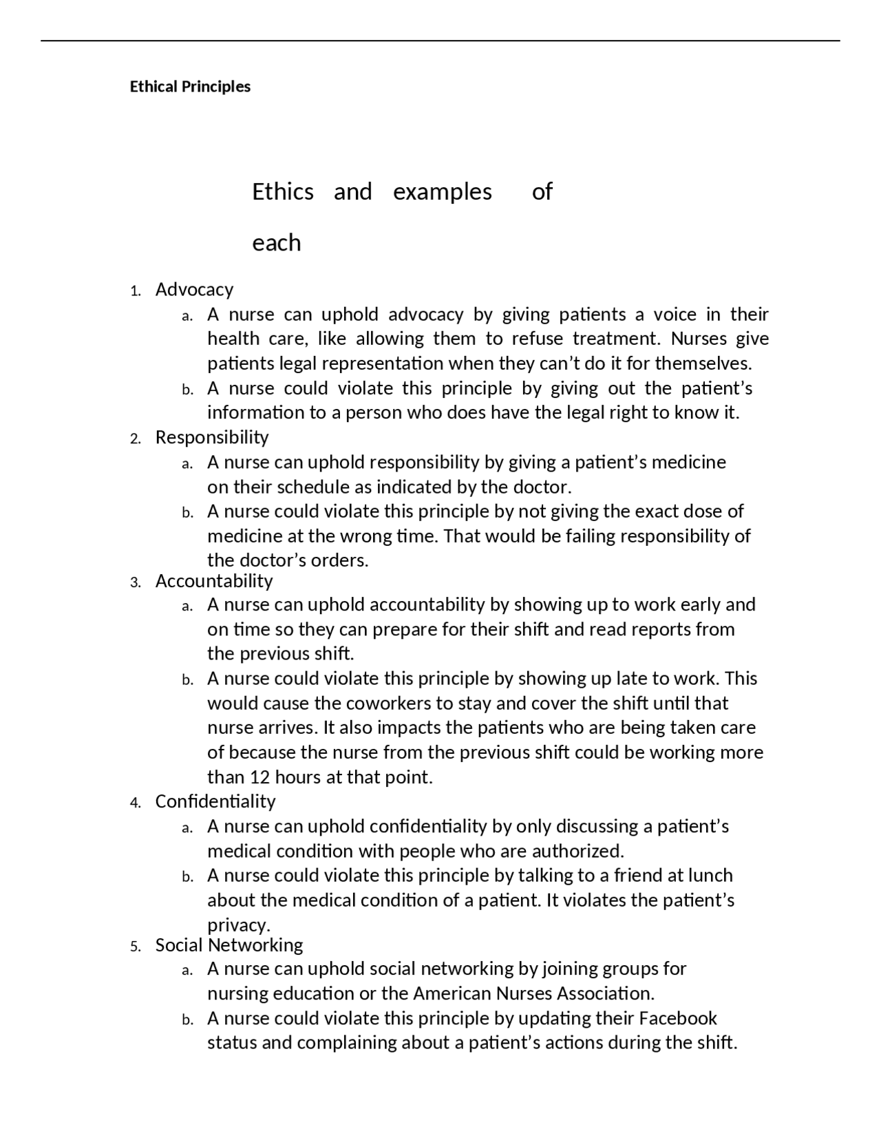 Ethical Principles Ethics and examples of each | Exams Nursing | Docsity