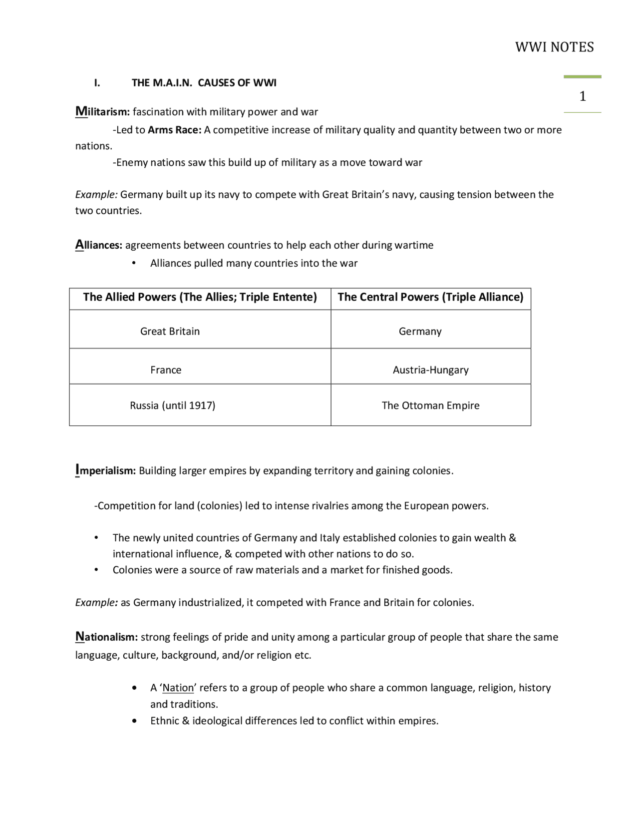 Causes and Consequences of World War I | Slides German | Docsity