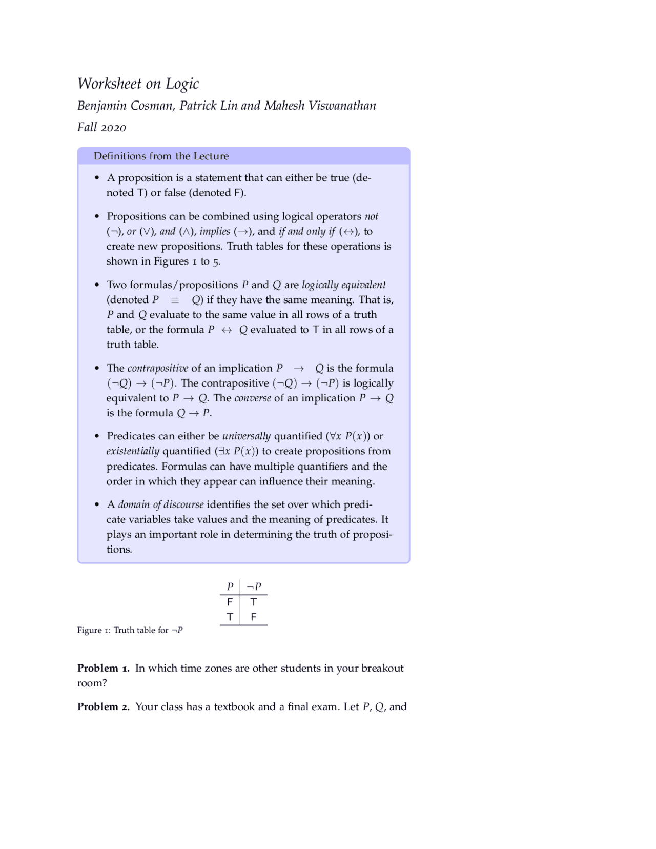 Worksheet on Logic | Lecture notes Logic | Docsity
