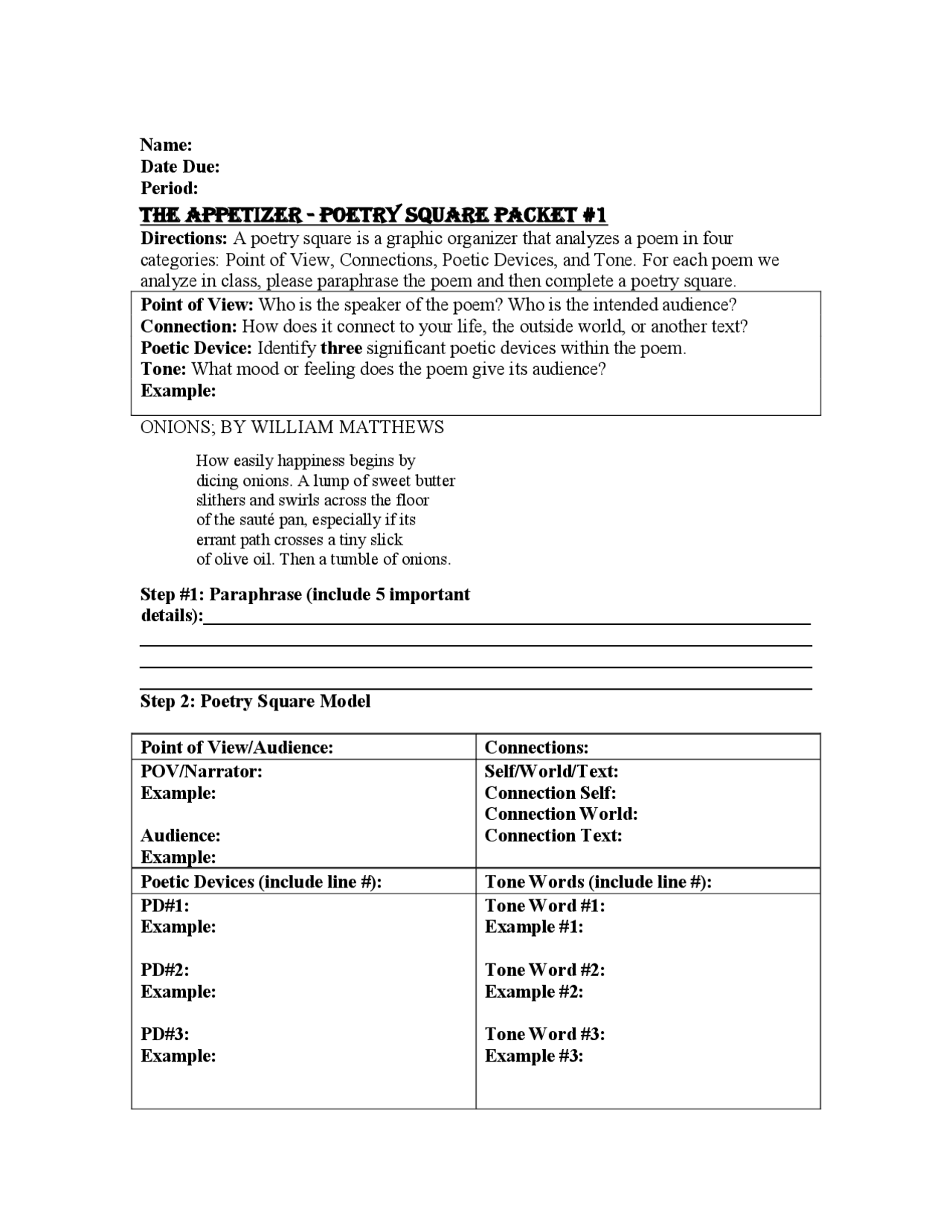 Poetry Square Packet #1 | Study notes Poetry | Docsity