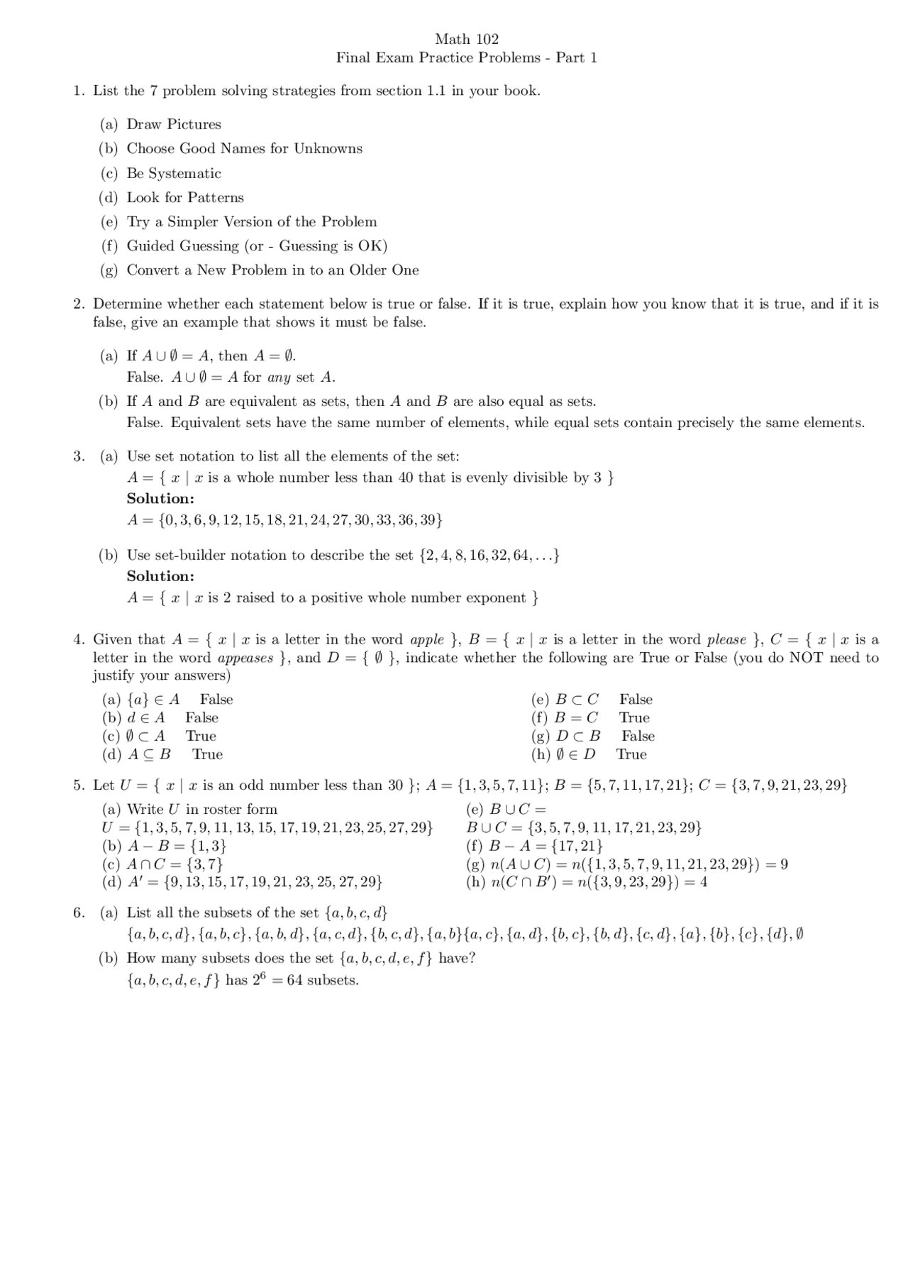 Math 102 Final Exam Practice Problems - Part 1 | Exams Law | Docsity